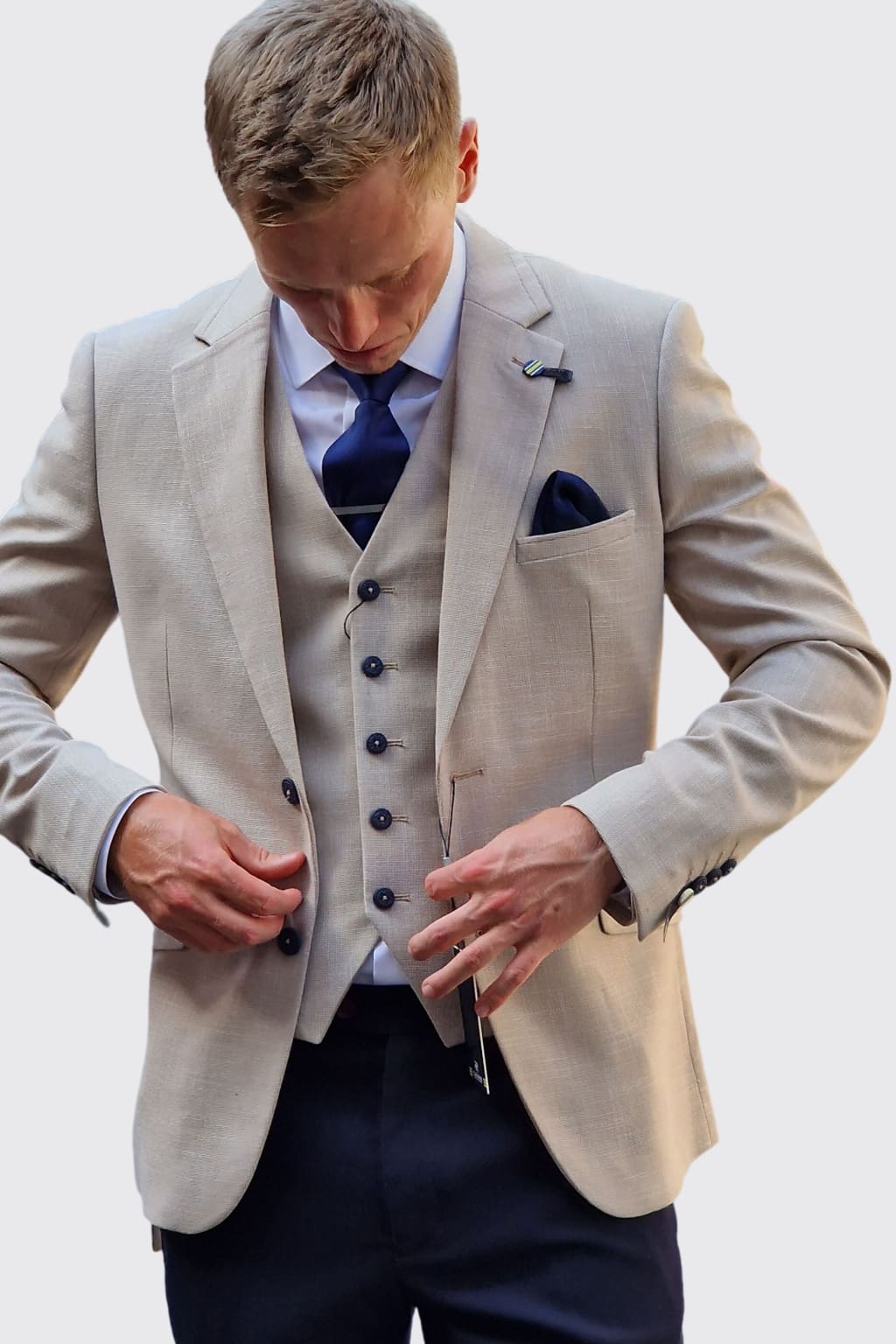 Cavani Miami Beige 3-Piece Suit with Navy Trousers for Men | Formal Business Attire | Perfect for Weddings, Office Meetings & Special Events