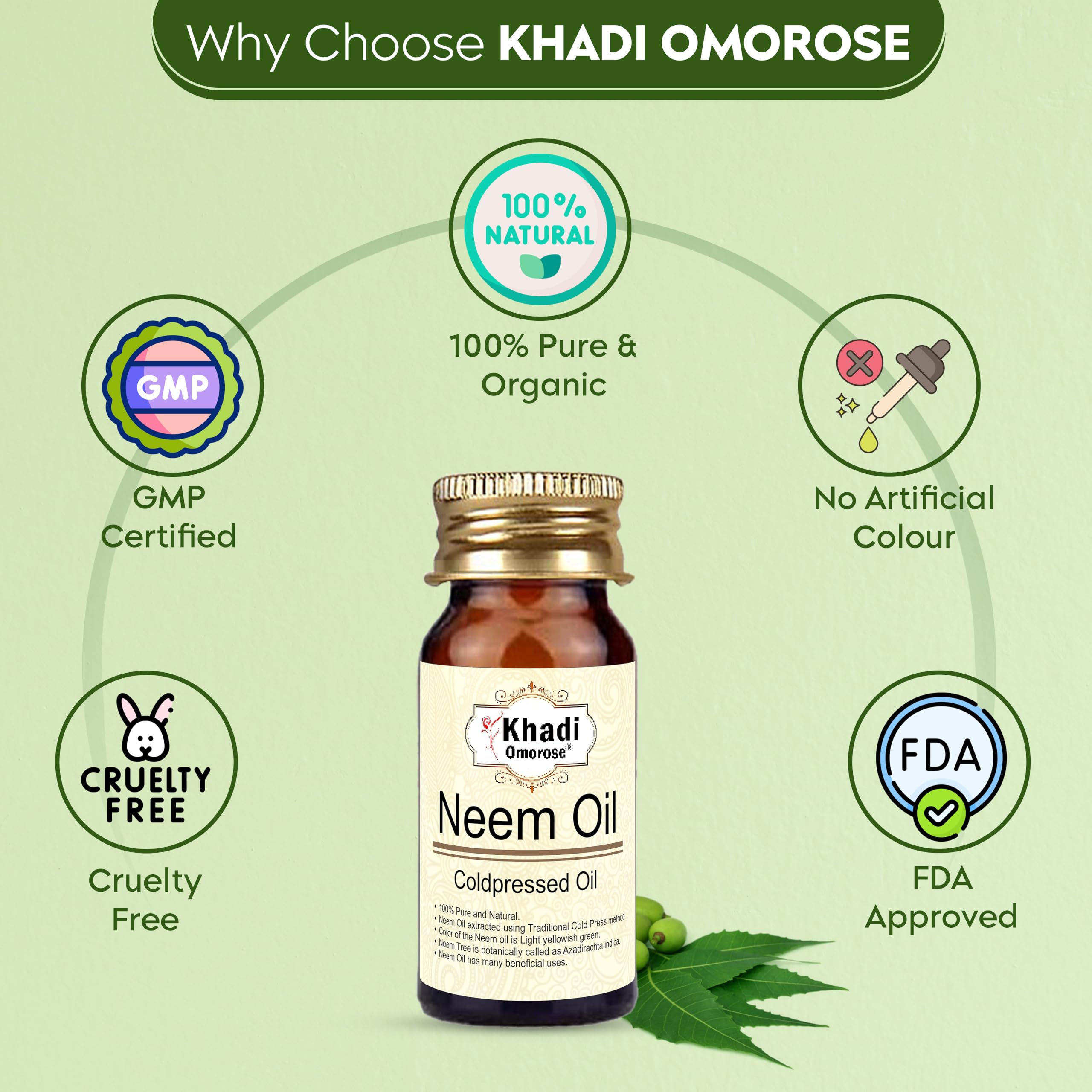 Khadi Omorose 100% Pure Cold-Pressed Neem Oil - 30ml | Organic Carrier Oil for Hair, Skin & Nails | Natural Ayurvedic Treatment for Acne, Dandruff & Scalp Care