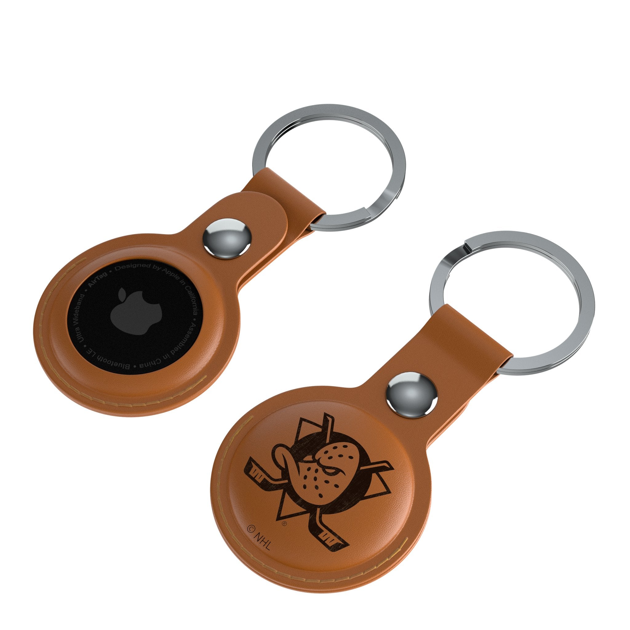 Anaheim Ducks NHL Hockey Team Logo Brown Leather AirTag Holder 2 Pack - Perfect for Keys, Wallets & Backpacks Tracking