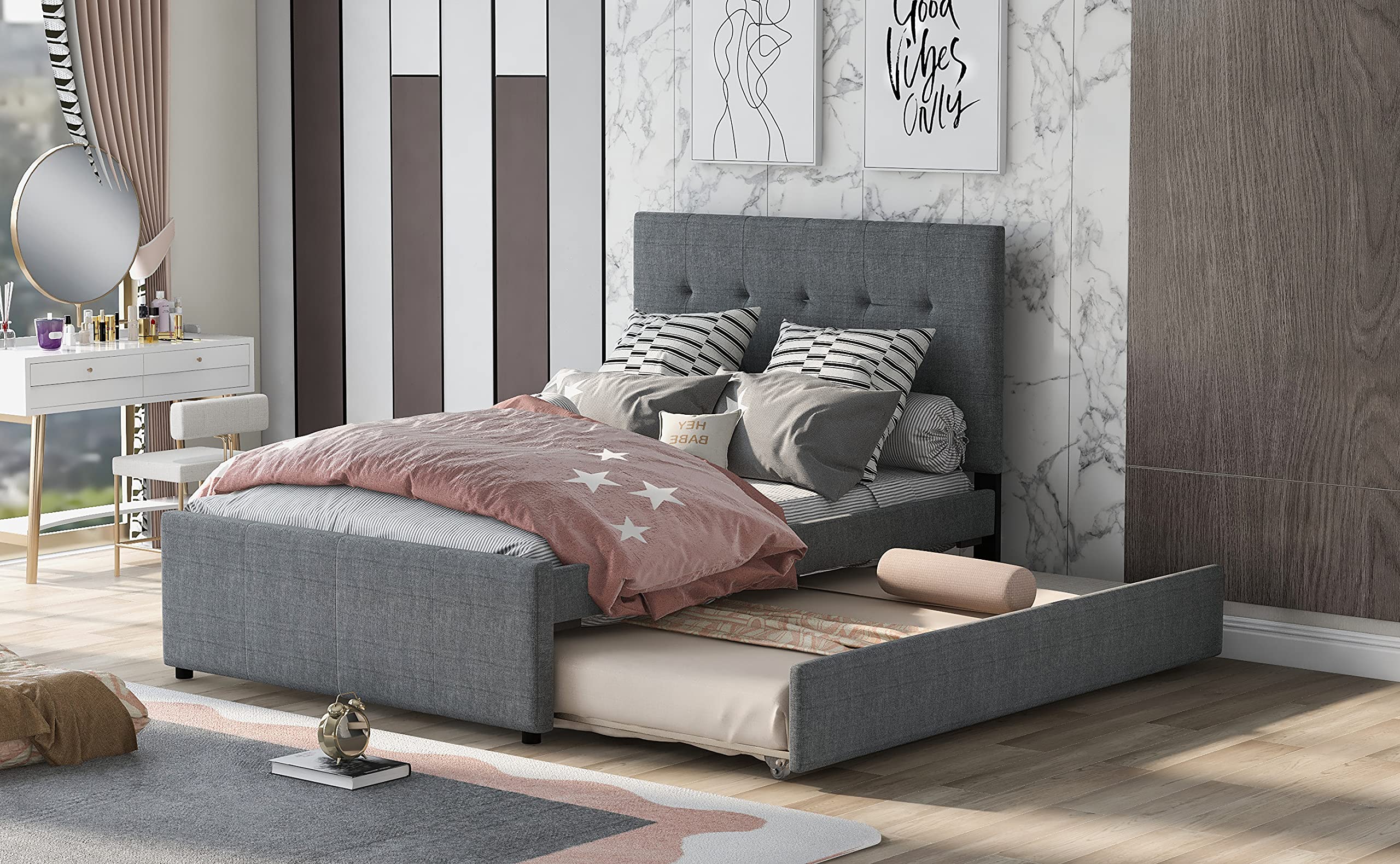 RUNNA Full Size Upholstered Platform Bed Frame with Trundle - No Box Spring Needed, Linen Fabric Headboard for Kids & Teens Bedroom - Perfect for Sleepovers, Small Spaces & Guest Rooms