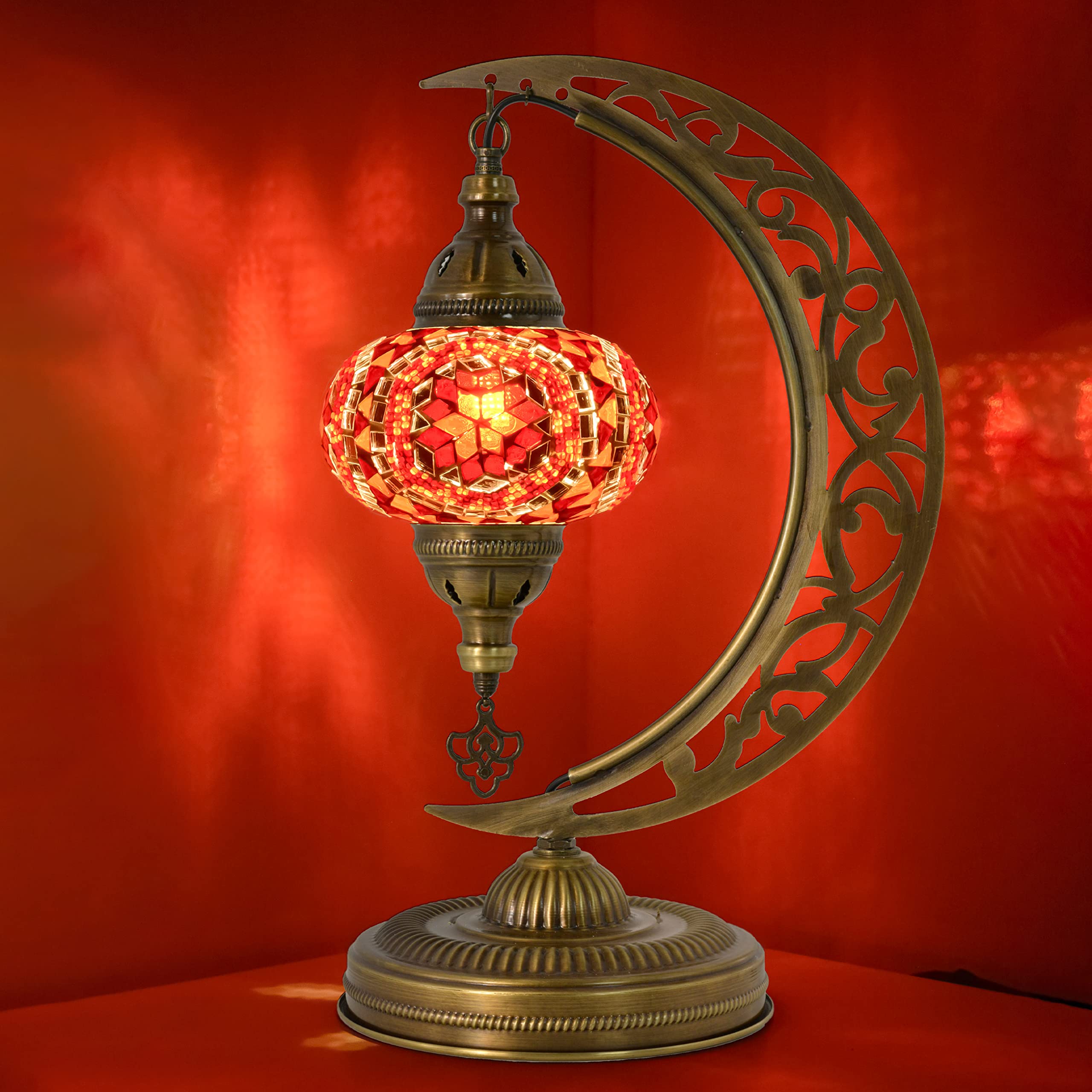 Handmade Turkish Mosaic Crescent Moon Table Lamp - Moroccan Boho Farmhouse Decor with E12 Socket & US Plug (Orange & Red) | Perfect for Bedroom Nightstand, Living Room Accent Lighting & Cozy Home Decor