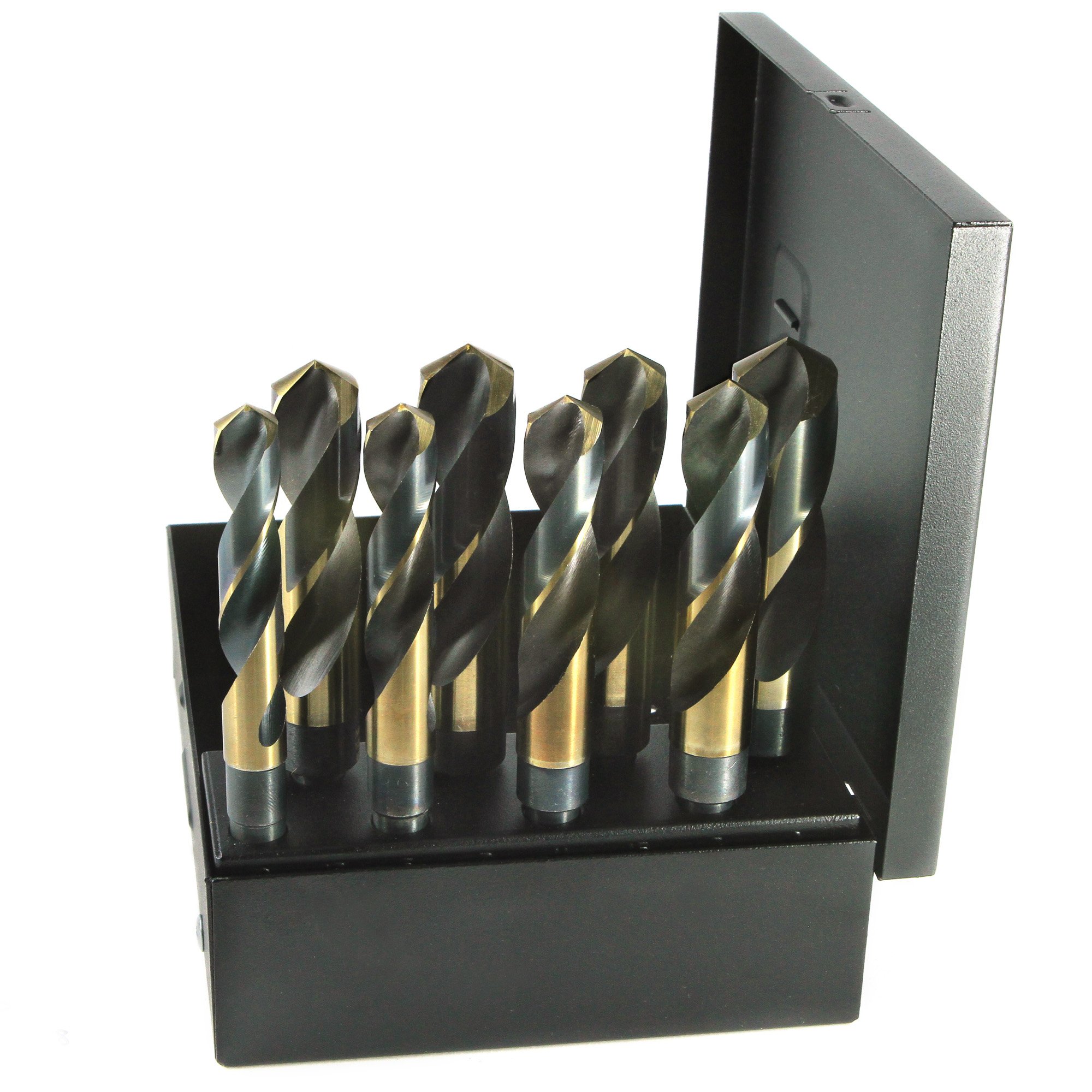 1000N Series Nitro 8-Piece High-Speed Steel Reduced Shank Drill Bit Set - Black & Gold Oxide Finish, Round Shank, Spiral Flute, 118° Split Point (9/16