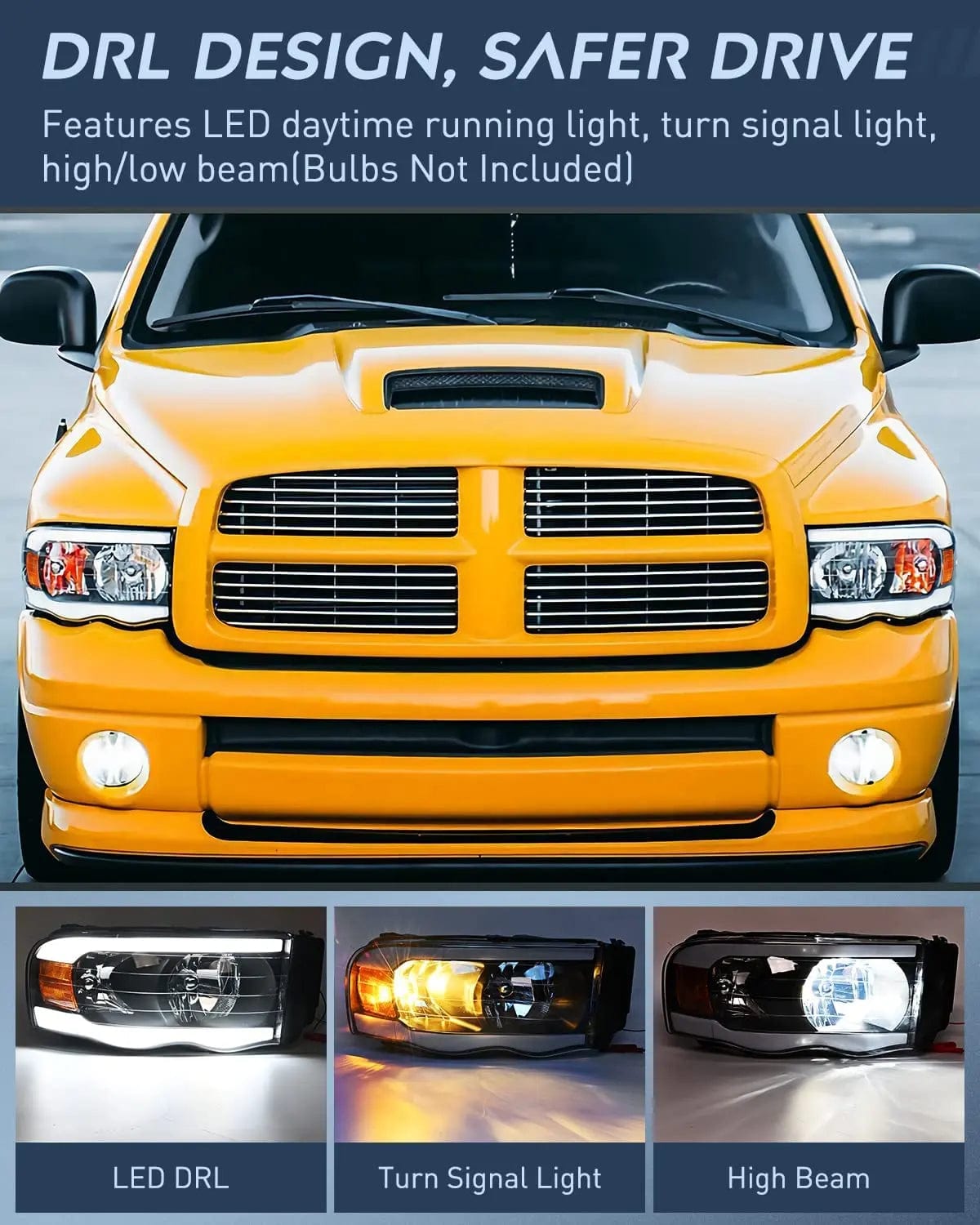 2002-2005 Dodge Ram 1500/2500/3500 Black Headlight Assembly with Amber Reflector - Replacement for Foggy/Broken Lights, Off-Road & Night Driving