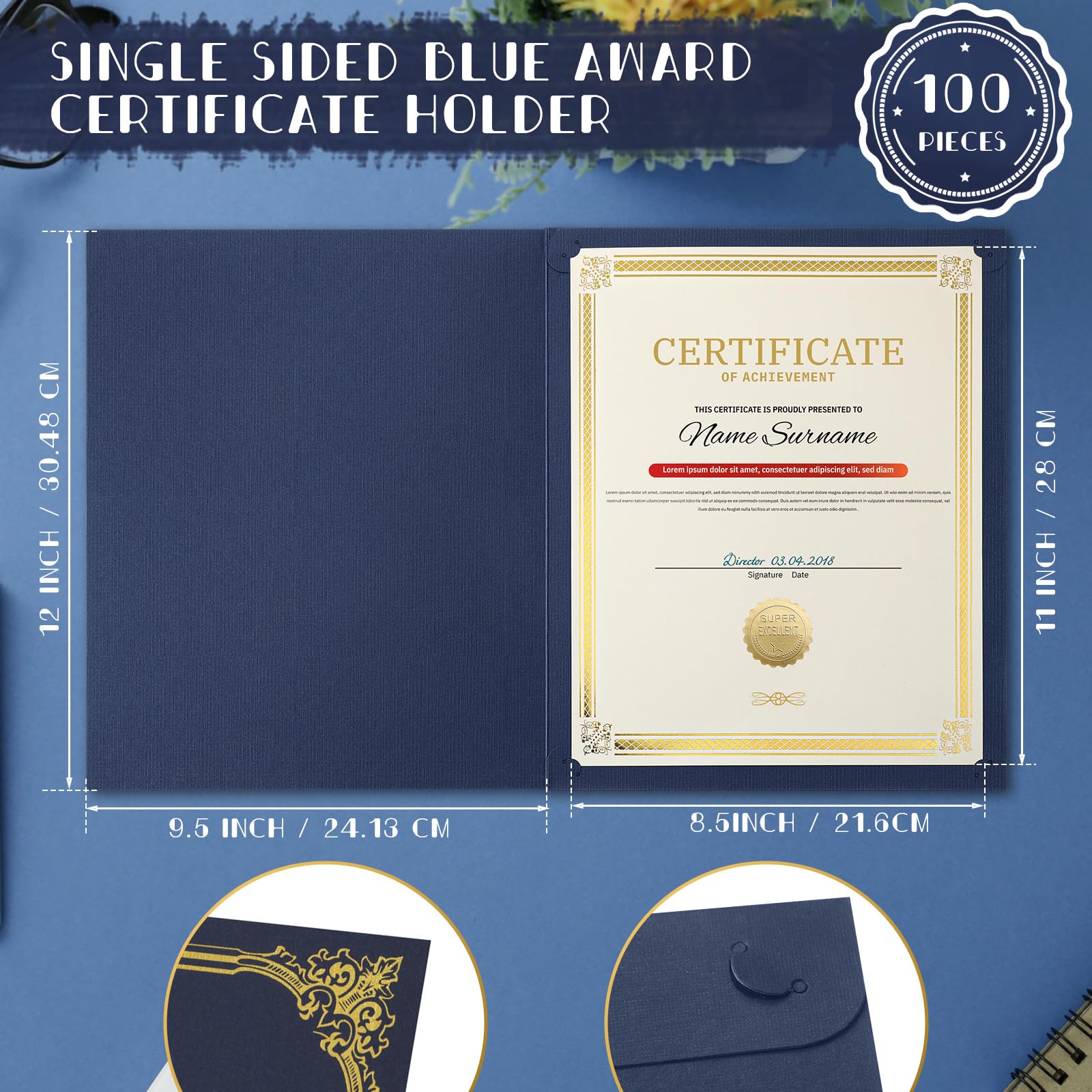 Premium 100-Pack Navy Blue Certificate Holders with Gold Foil Border - 8.5