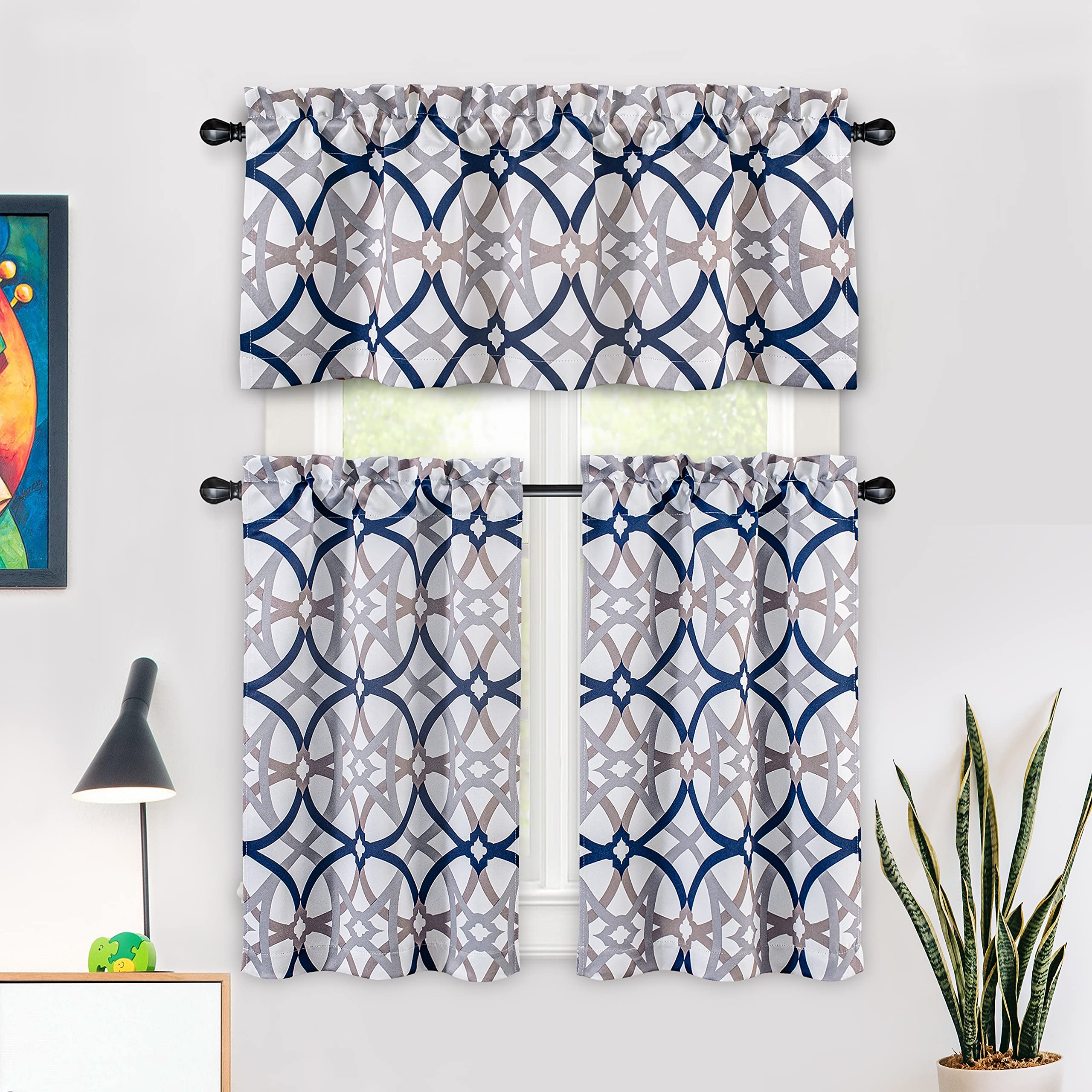 DriftAway 3-Piece Navy Blue Kitchen Curtain Set - 36 Inch Light Filtering Geometric Mid-Century Cafe Curtains with Valance & Tier, Rod Pocket Design for Small Half Windows - Perfect for Bathroom, Living Room & Kitchen Decor