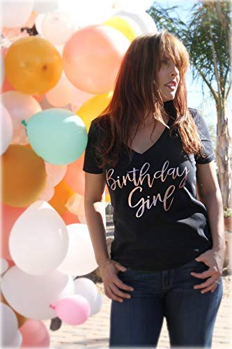 Birthday Girl T-Shirt for Women - Rose Gold Metallic Print V-Neck Tee - Perfect for Birthday Parties & Celebrations