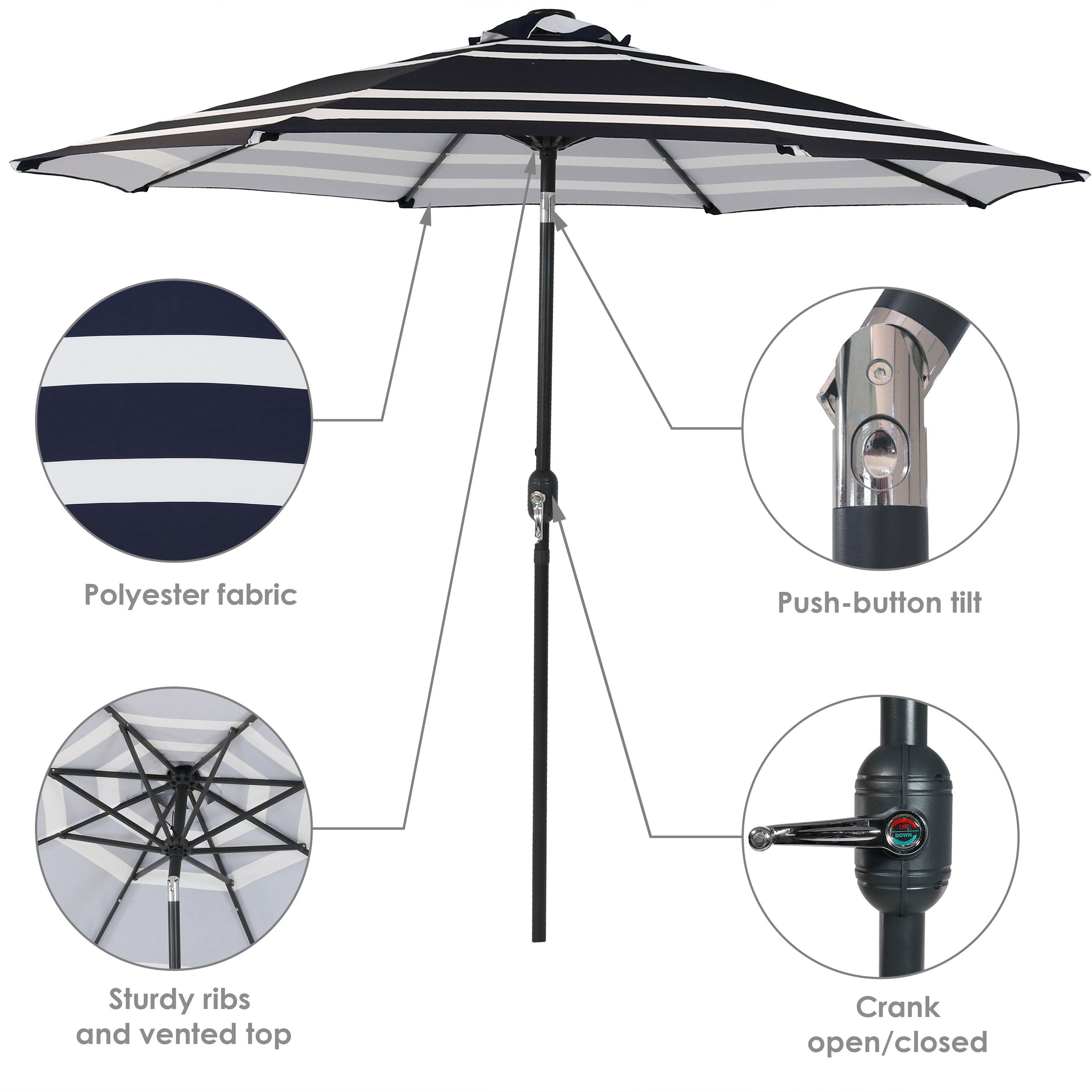 Sunnydaze 9-Foot Striped Patio Umbrella with Solar LED Lights - Outdoor Garden, Poolside, and Backyard Shade Solution
