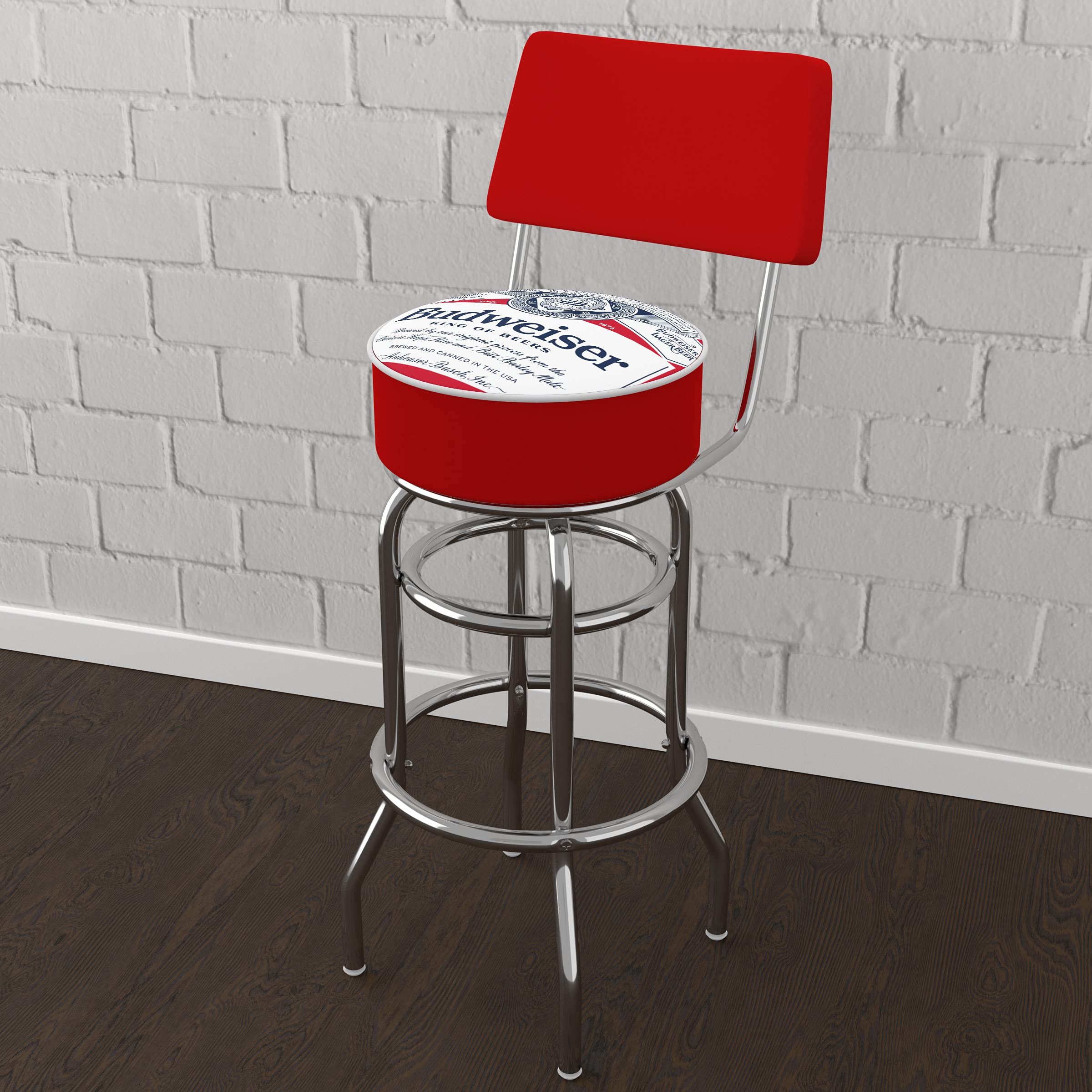 Budweiser Chrome Padded Swivel Bar Stool - Adjustable Height Barstool for Game Room, Man Cave & Home Bar - Comfortable Pub Stool with 360° Rotation