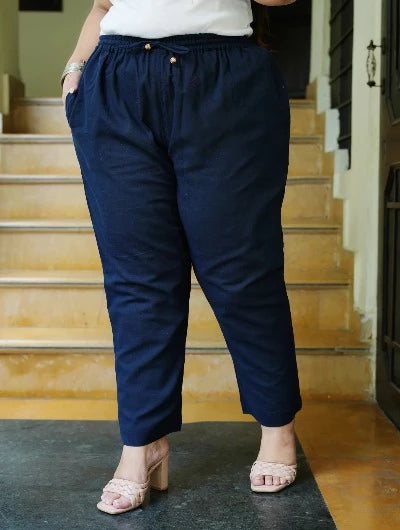 Plus Size Women's Blue Cotton Trousers Pants - Comfortable High Waist Stretch Pants for Work, Office & Casual Wear - Fast UK Next Day Delivery