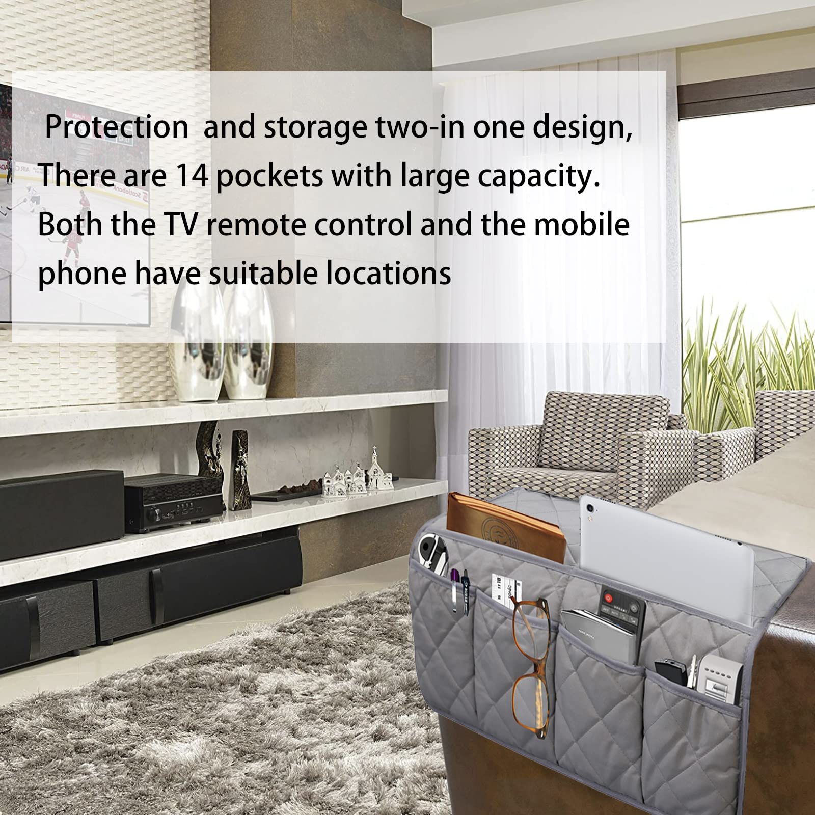 Waterproof Recliner Armrest Organizer with 14 Pockets - Non-Slip Sofa Caddy for TV Remotes, Books, Magazines & iPad - Perfect for Living Room, Home Theater & Relaxation