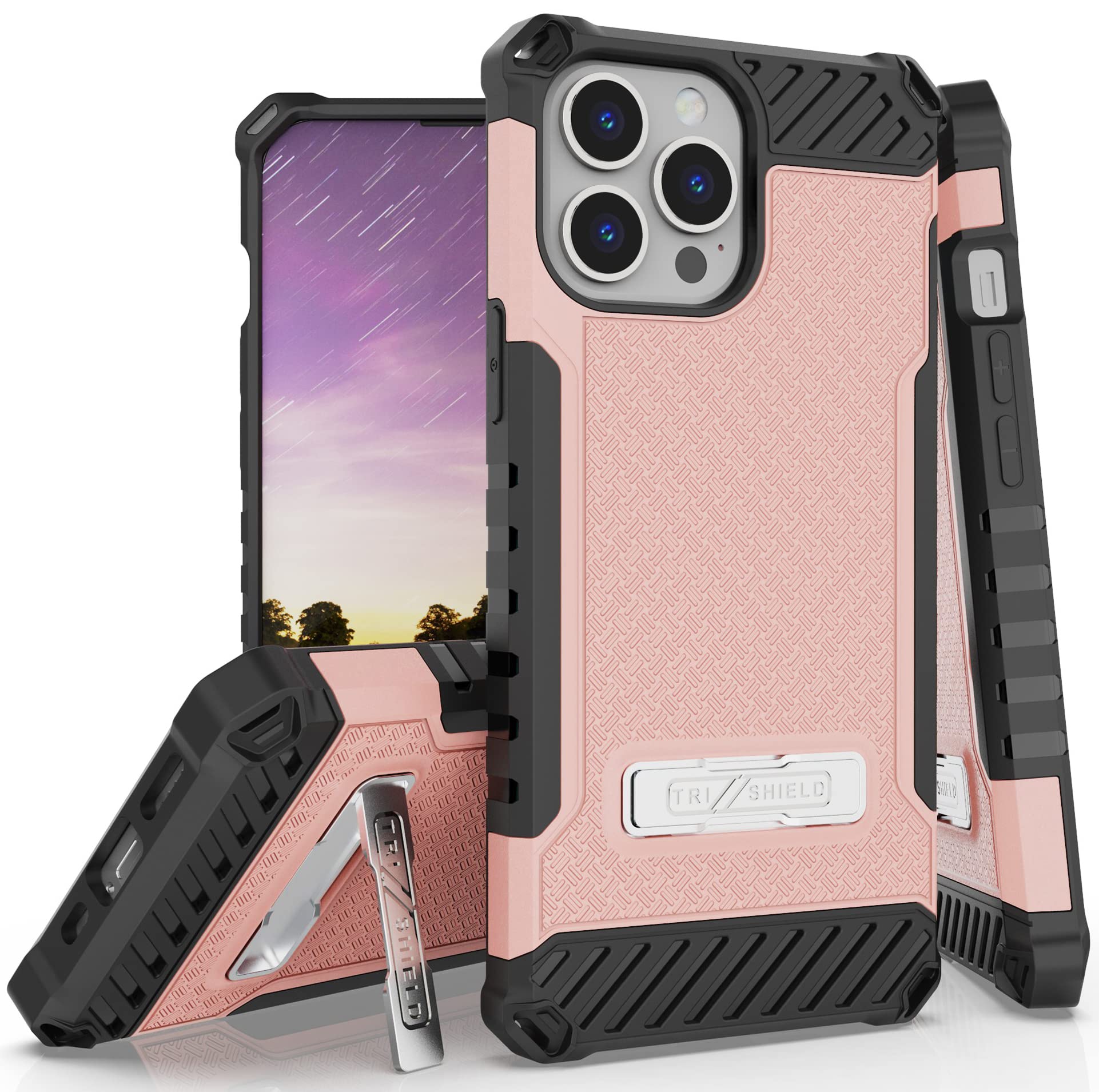 Tri-Shield Military Grade Rugged iPhone 13 Pro Max Case with Metal Kickstand & Wrist Strap Lanyard - Blush Pink | Shockproof Protective Cover for Outdoor, Travel & Daily Use