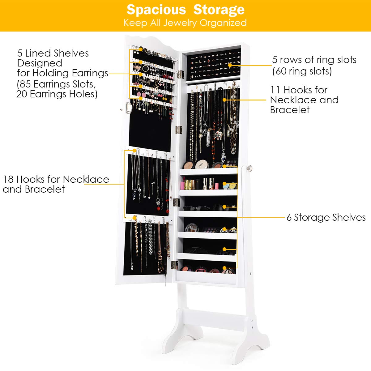Giantex Lockable Jewelry Armoire Cabinet with Full Length Mirror - 3 Adjustable Angles, Jewelry Organizer Storage Box for Necklaces, Rings & Accessories - Perfect for Bedroom, Dressing Room & Gift (White)