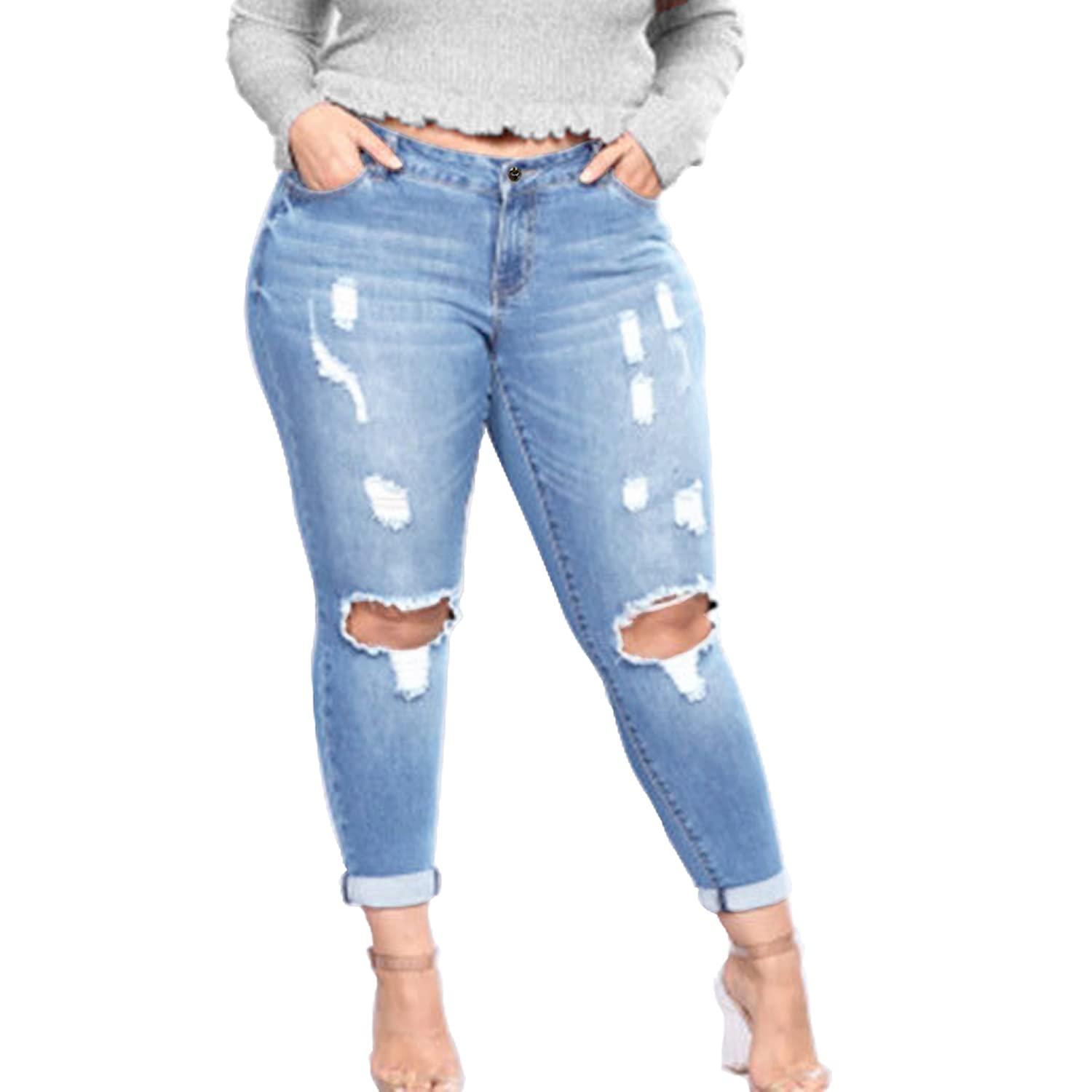 Tulucky Women's Plus Size Boyfriend Jeans - Distressed Ripped Denim Pants with Stretch, Comfortable Skinny Fit for Casual Wear | Perfect for Everyday Outfits, Street Style & Relaxed Looks