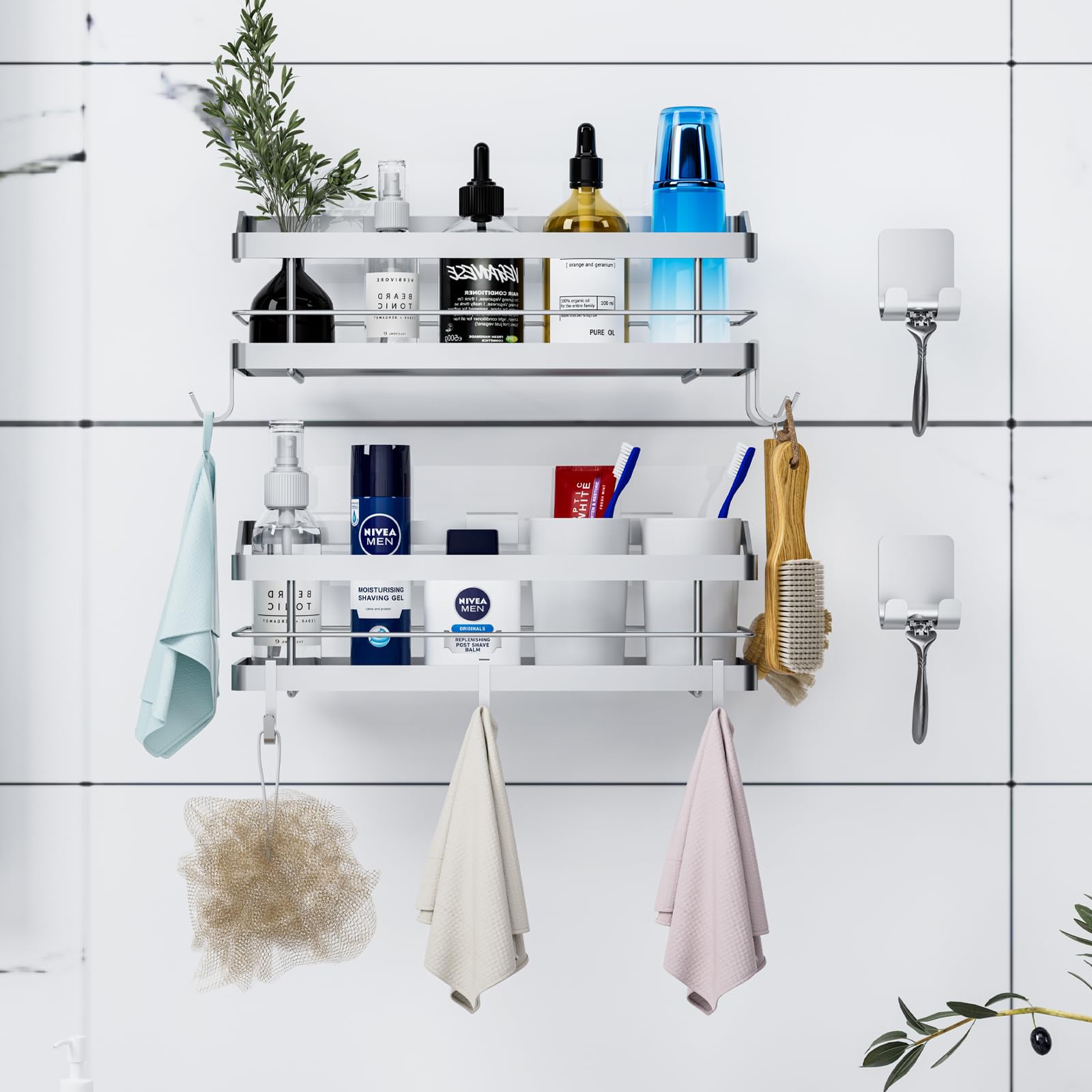 Carwiner 2-Pack Shower Caddy with 8 Hooks - SUS304 Stainless Steel Bathroom Shelf & Wall Mounted Storage Organizer for Shampoo, Conditioner & Kitchen Supplies | No Drilling Installation | Perfect for Small Bathrooms & Apartment Living