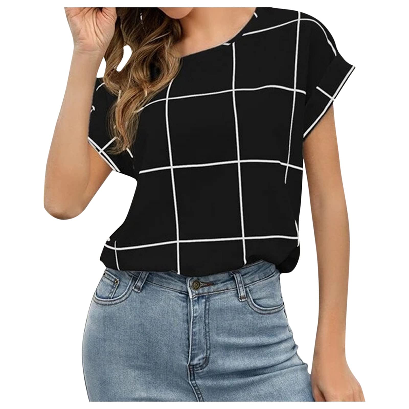 FMCHICO Women's Casual Lattice Print Crewneck Short Sleeve T-Shirt Blouse - Breathable Summer Top for Outing, Dating & Daily Wear