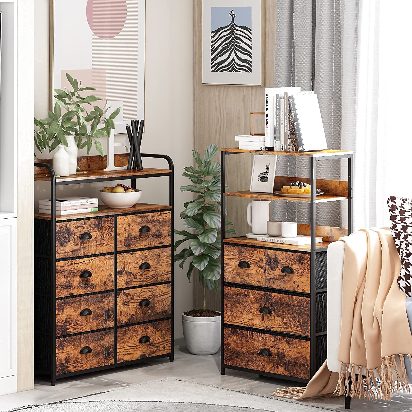 8-Drawer Dresser & 4-Drawer Dresser with Shelf - Large Clothes Storage Organizer, Rustic Wooden Bedroom Furniture for Home, Entryway, Office - Perfect for Small Space Organization & Home Decor