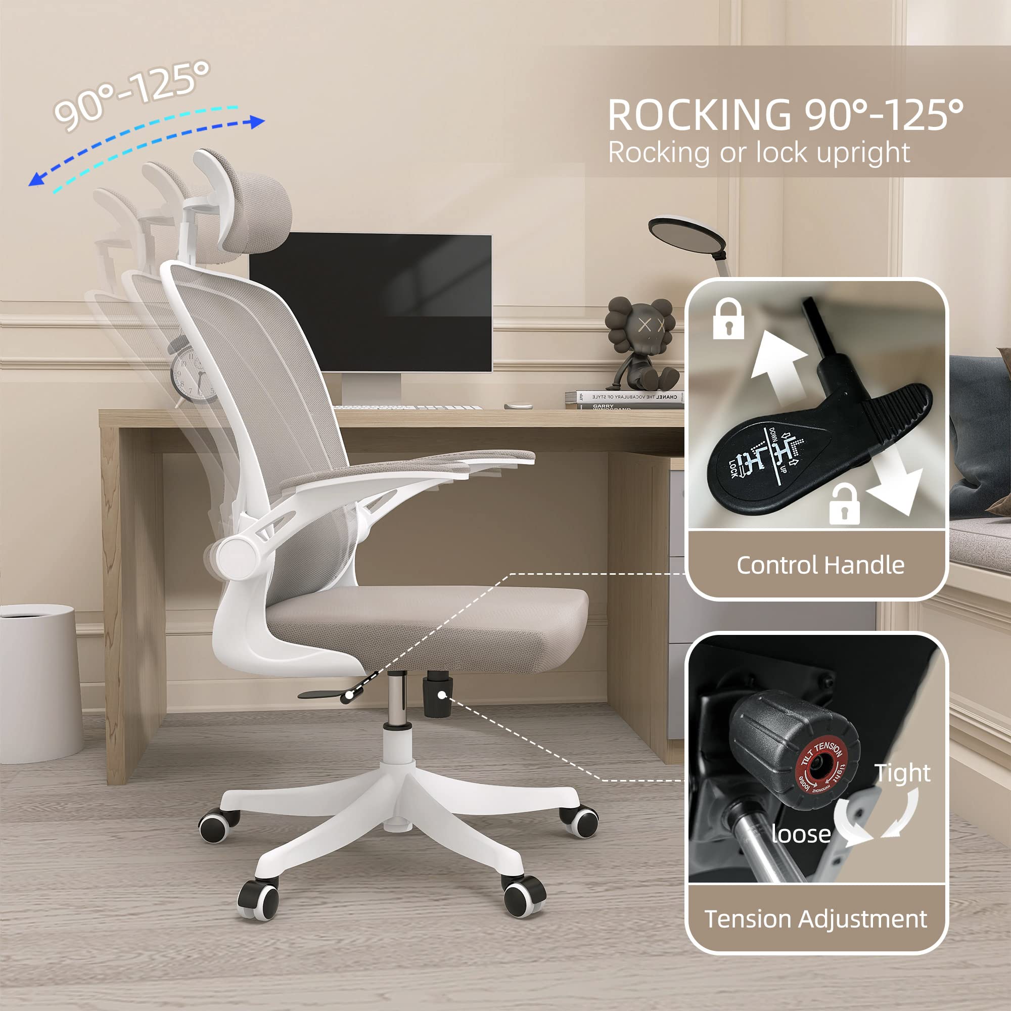 Monhey Ergonomic Office Chair - Adjustable Lumbar Support & Headrest, Flip-Up Armrests, High Back Mesh Chair with Height Adjustment, Taupe - Ideal for Home Office, Gaming Desk & Workspace Comfort