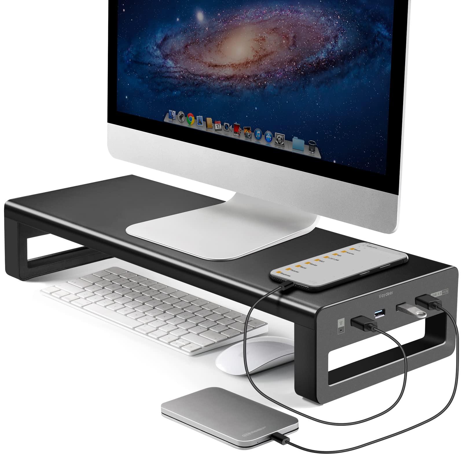VAYDEER Aluminum Monitor Stand with USB 3.0 Hub - Ergonomic Laptop Riser with Keyboard Storage, Desk Organizer for Computer & Notebook (Fits up to 27