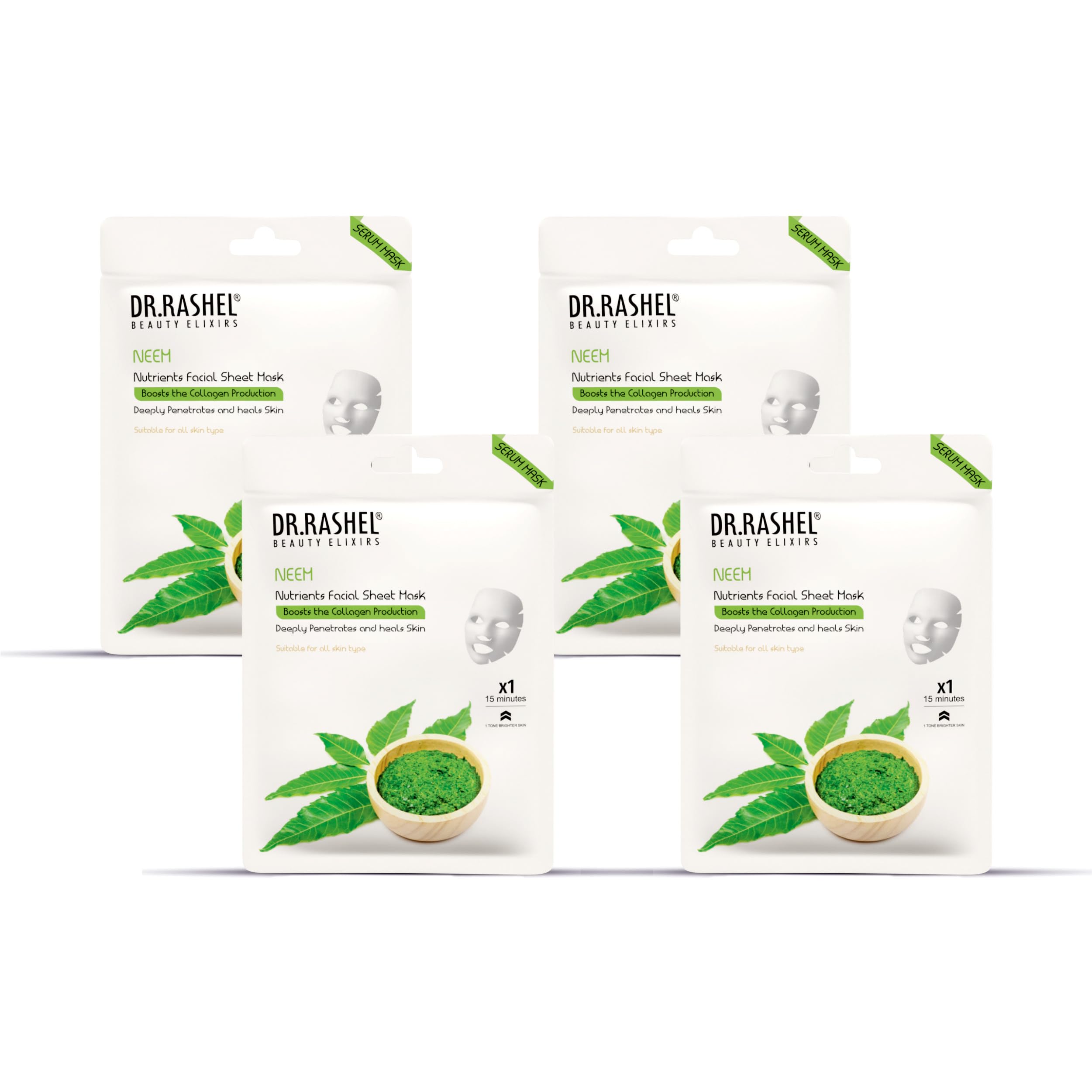 DR.RASHEL Neem Face Sheet Mask with Serum for Women & Men - All Skin Types | Deep Cleansing, Oil Control & Skin Repair | Hydrating & Nourishing Treatment | Paraben-Free | Pack of 4 (20g Each) | Perfect for Acne-Prone Skin & Daily Skincare Routine