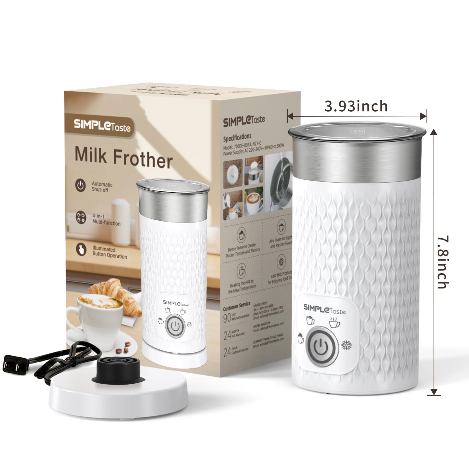 SIMPLETASTE 4-in-1 Electric Milk Frother and Warmer - Automatic Hot & Cold Foam Maker for Latte, Cappuccino, Macchiato - Perfect for Home Coffee Bar, Office Use, and Gift Giving
