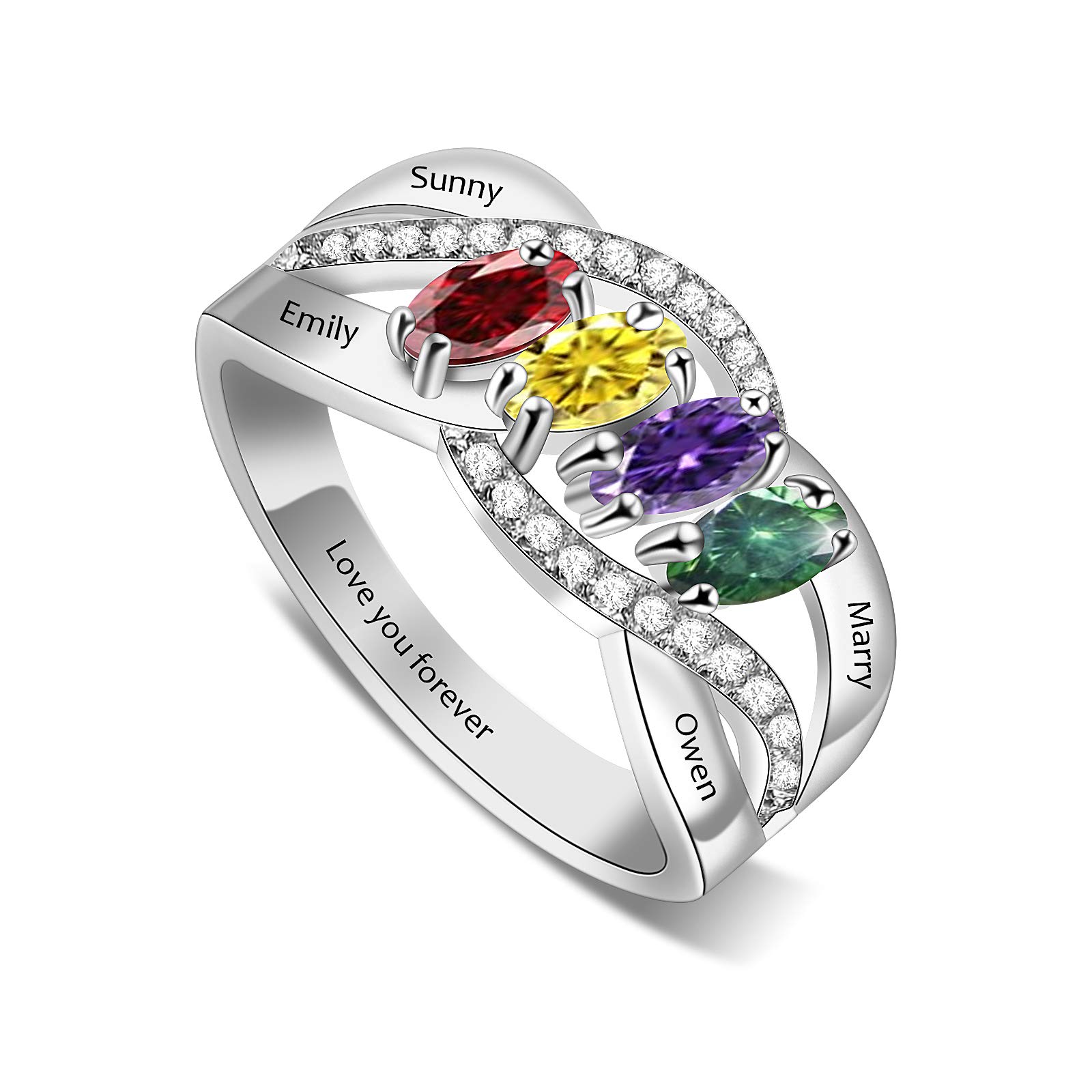 Vintage Sterling Silver Mothers Ring with 3 Birthstones - Personalized Name Rings for Women | Custom Engraved Heart Promise & Anniversary Rings | Perfect Gift for Mom, Wife, Daughter on Mother's Day, Birthday or Special Occasion