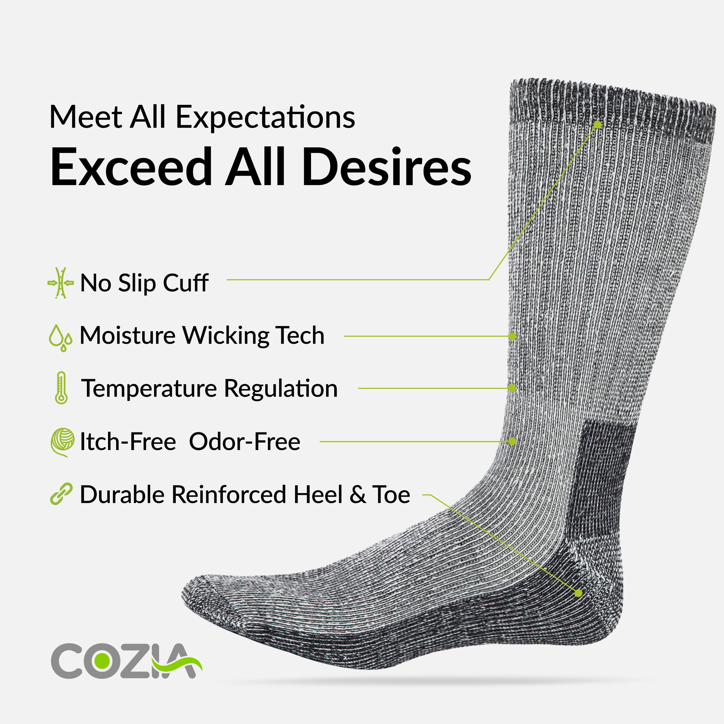 COZIA Merino Wool Socks for Men & Women - Warm Thermal Boot Hiking Socks (3 Pairs) - Perfect for Winter Outdoor Activities, Camping & Cold Weather Adventures