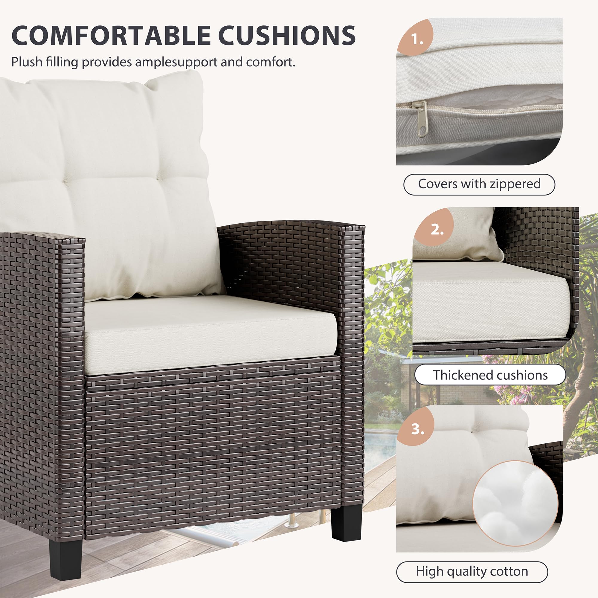 Vongrasig 3-Piece Outdoor Patio Furniture Set - Wicker Rattan Bistro Set with Cushioned Chairs & Glass Table for Porch, Garden, Backyard, Balcony, Poolside (Beige) | Perfect for Small Spaces, Relaxing Mornings & Outdoor Entertaining