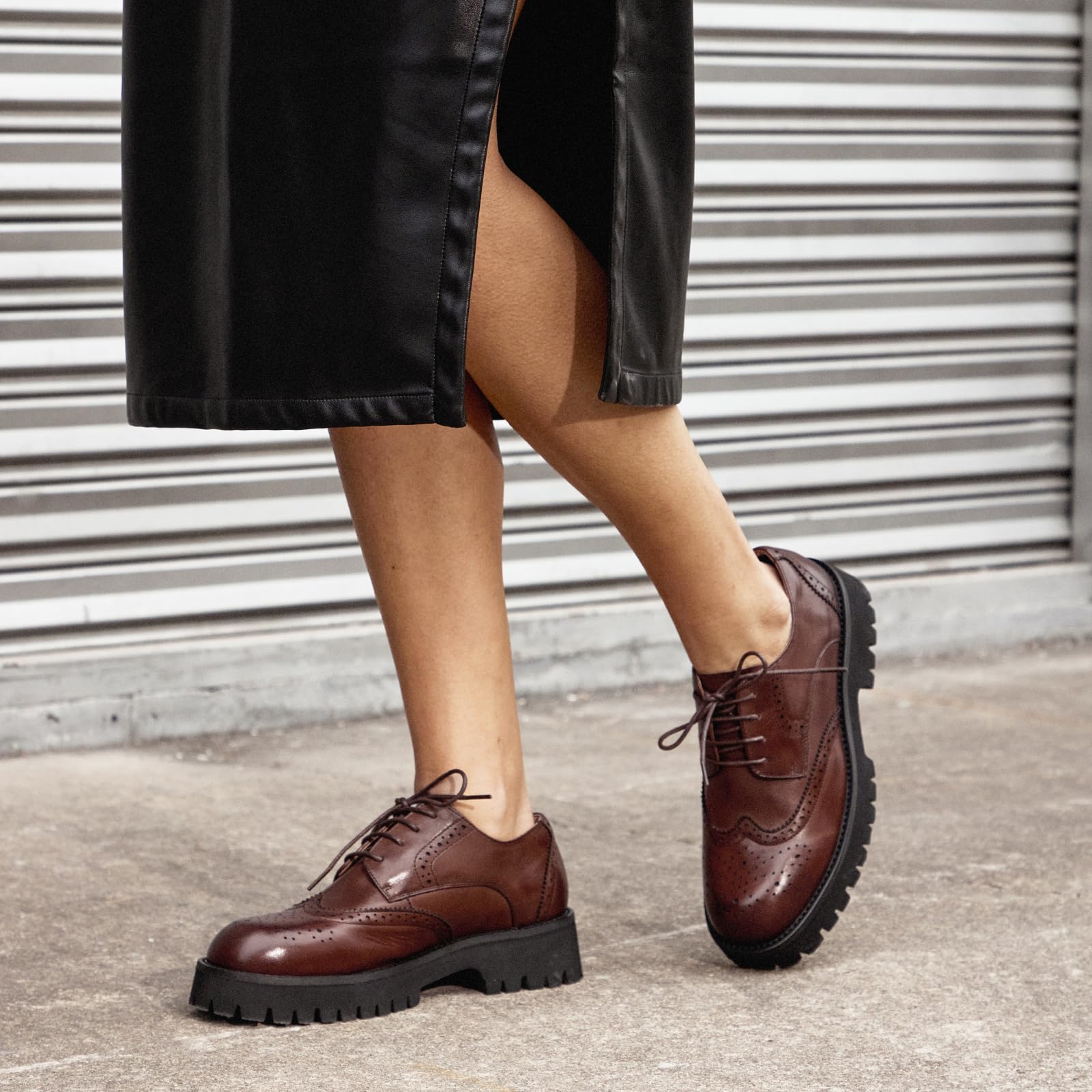 BEAU TODAY Women's Chunky Leather Lace-Up Oxford Shoes - Comfortable Platform Business & Casual Dress Shoes for Office, Work & Everyday Wear