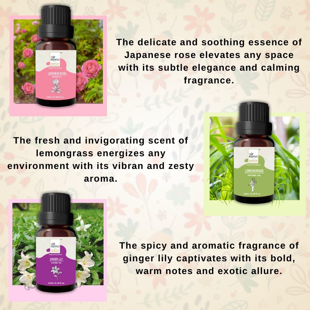 Premium AIR-ROMA Essential Oil Diffuser Set - 6 Fragrances (Lemongrass, Japanese Rose, Jasmine, Apple Spice, Ocean Breeze, Ginger Lily) 60ml Bottles for Aromatherapy, Home Relaxation, Office & Spa Use