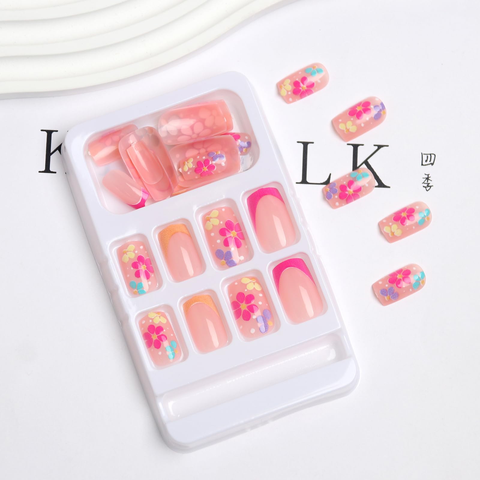 Pink Orange French Tip Press on Nails with Floral Design - Medium Square Fake Nails for Women - 24Pcs Acrylic Manicure Kit - Spring Summer Nail Art for Parties, Weddings & Daily Wear