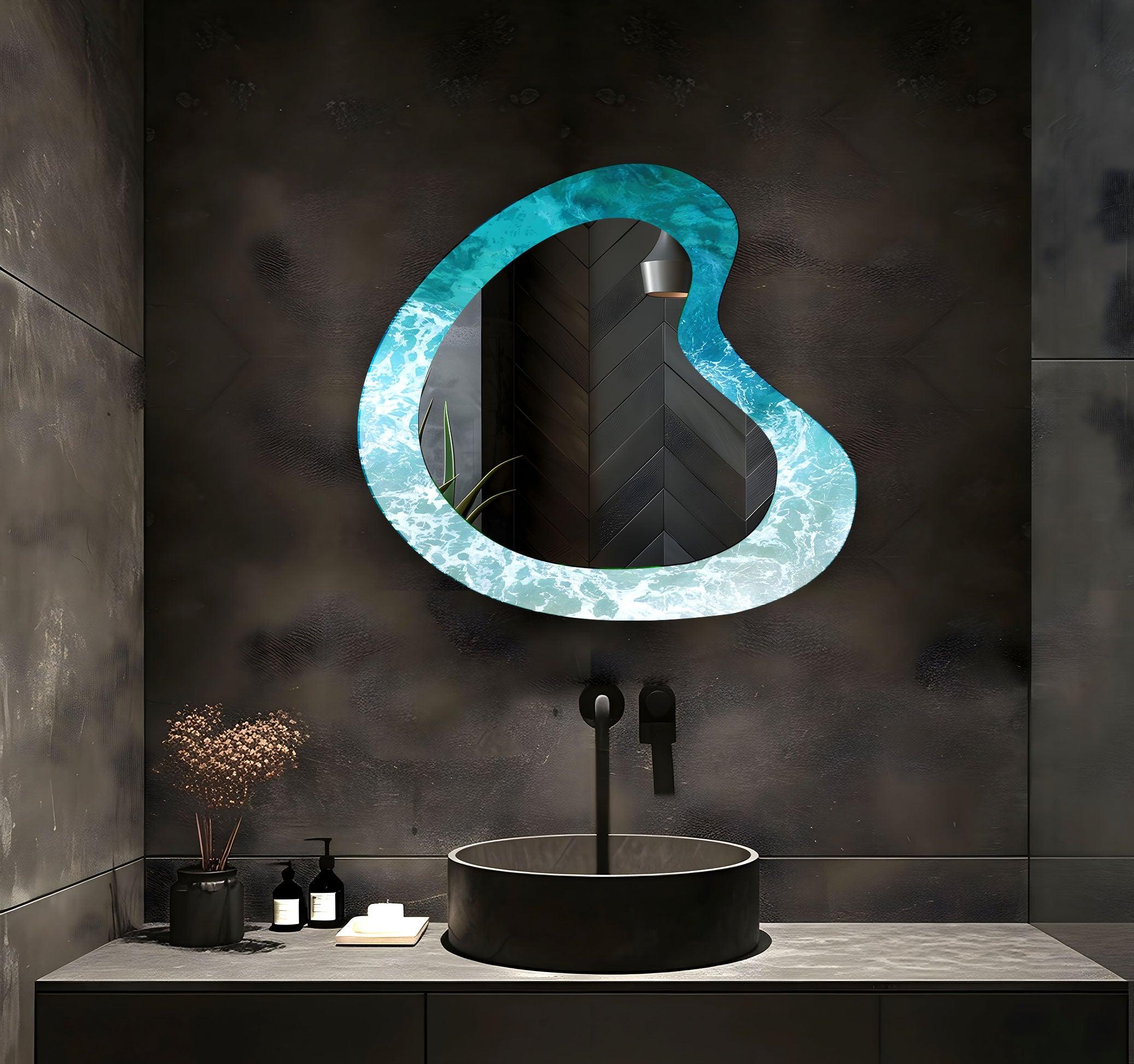 Blue Sea Waves Irregular Wall Mirror - Unique Coastal Decor for Living Room, Bedroom & Bathroom | Handmade Artisan Mirror for Beach House & Nautical Theme Decor