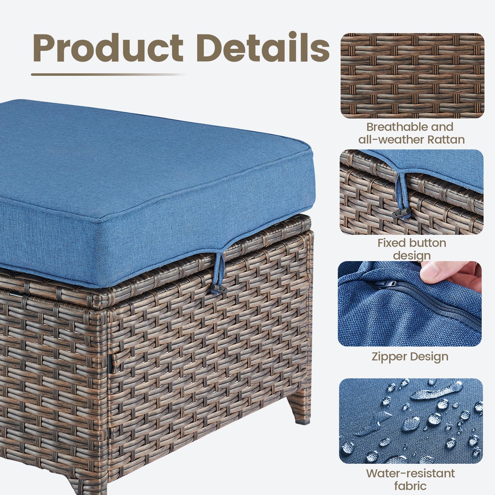 Heavy Duty Outdoor Wicker Ottomans - Weather-Resistant Rattan Footrest Stool for Porch, Balcony, Backyard, Deck & Apartment (Brown/Blue) - Perfect for Relaxing, Reading & Outdoor Entertaining