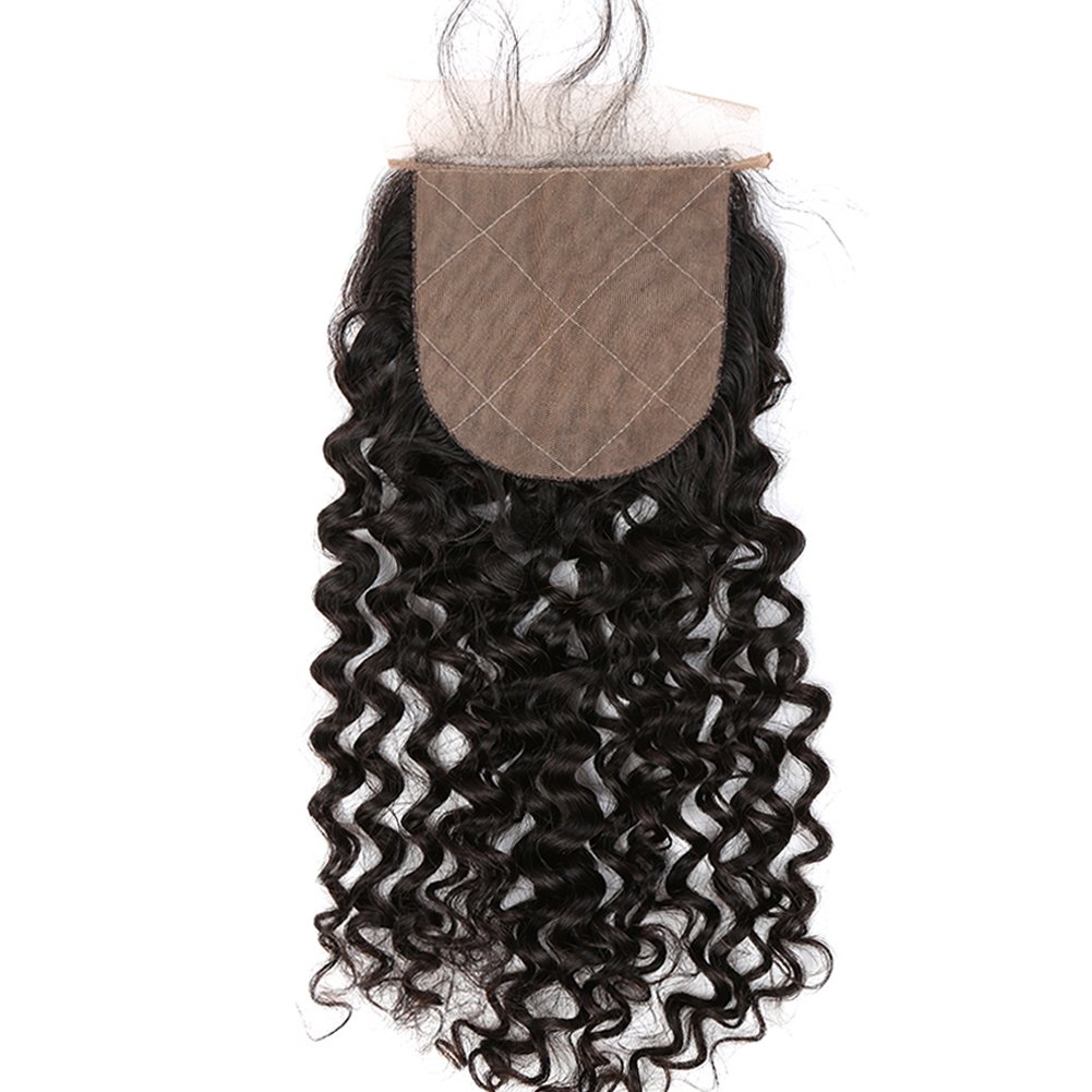 4x4 Silk Base Lace Closure with Baby Hair - Free Part Curly Wave Human Hair Closure - Bleached Knots Brazilian Virgin Hair - 18 Inch Natural Color - Perfect for Protective Styles & Everyday Wear