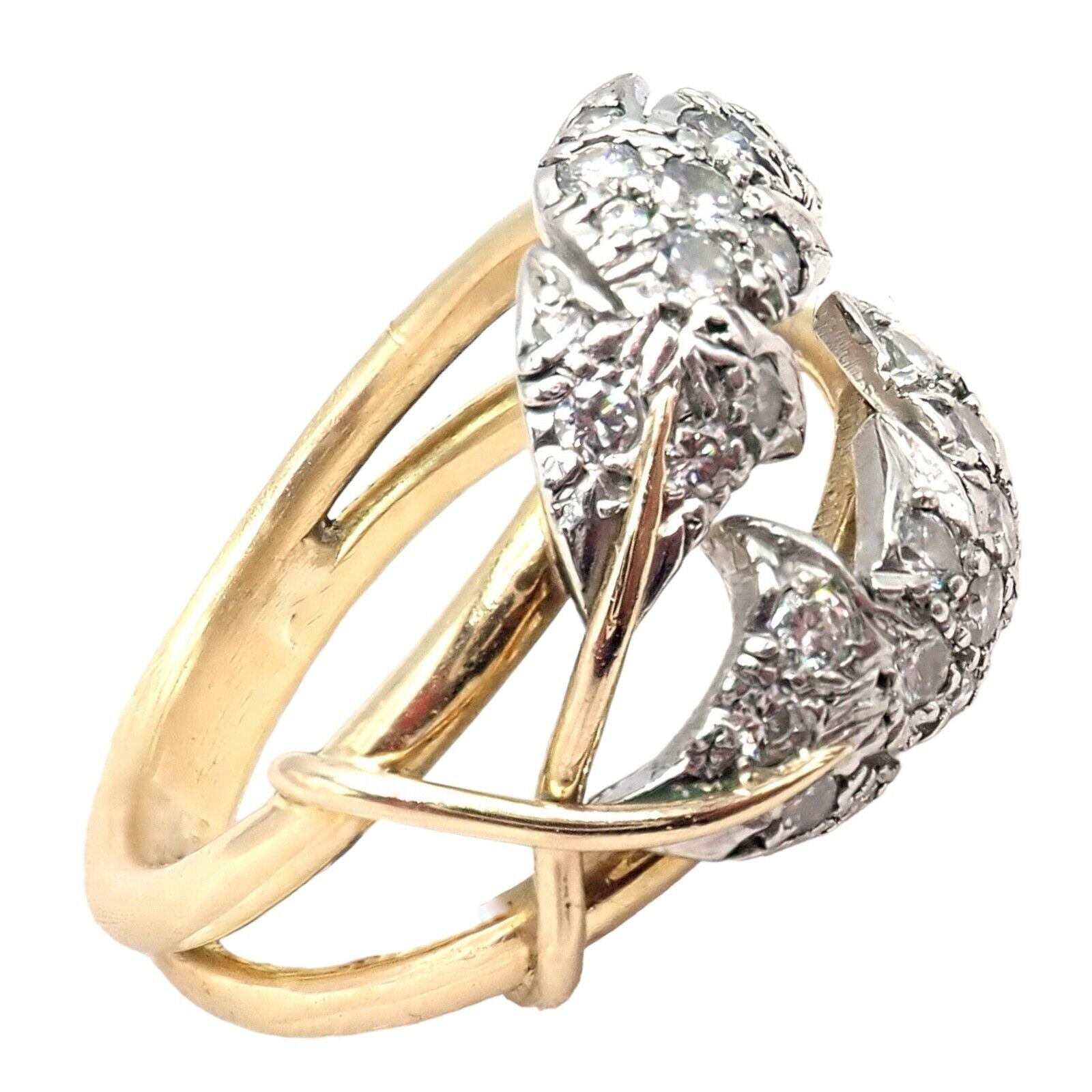 Authentic Tiffany & Co. Schlumberger Diamond Ring in 18K Yellow Gold & Platinum - Elegant Two Leaf Design for Weddings, Anniversaries & Special Occasions