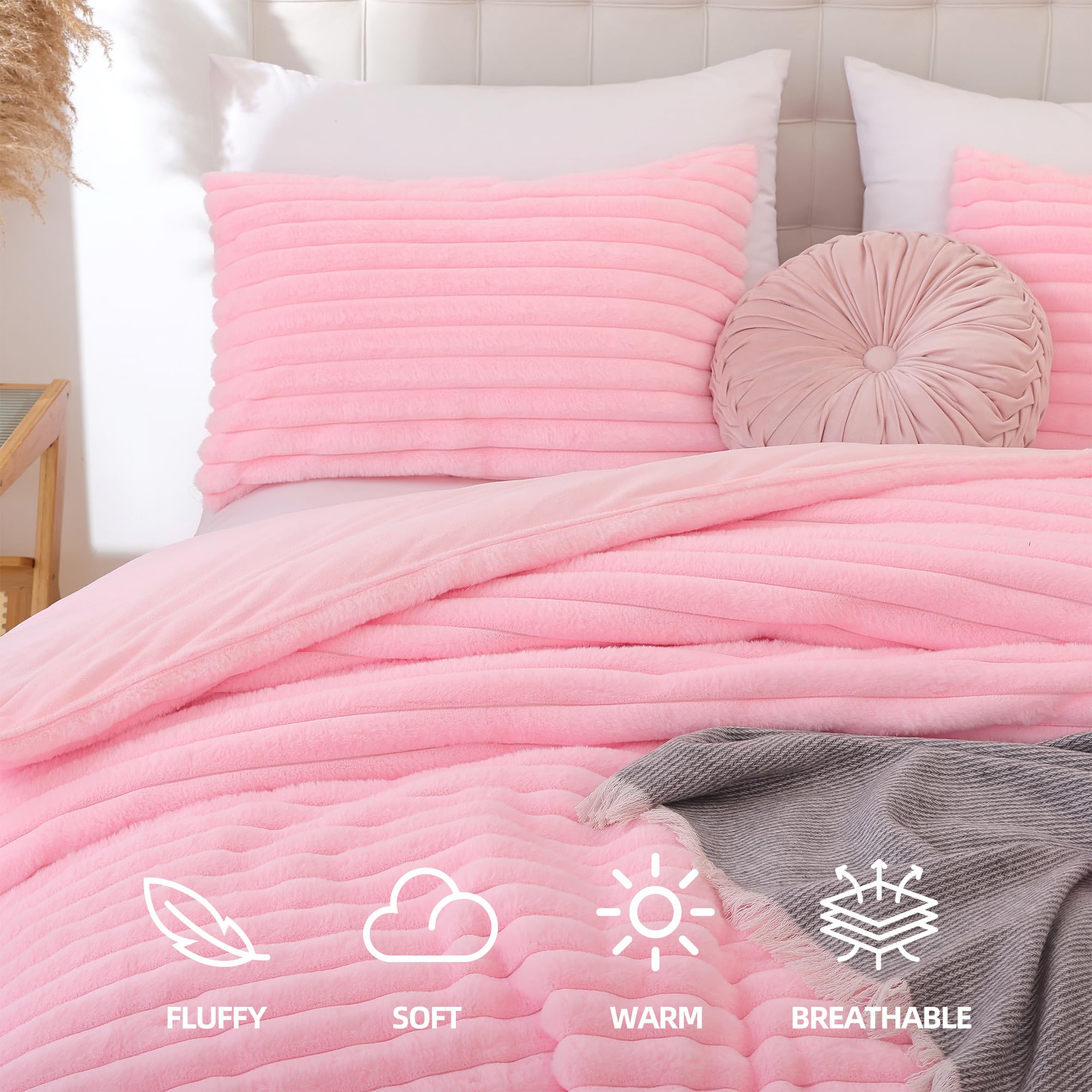 Luxury Pink Fleece Fluffy Queen Comforter Set - 3 Piece Soft Warm Faux Fur Bedding with 2 Pillow Shams | All Season Cozy Fuzzy Blanket for Bedroom, Guest Room & Dorm Decor | Ultra Plush Winter Comforter for Women & Teens