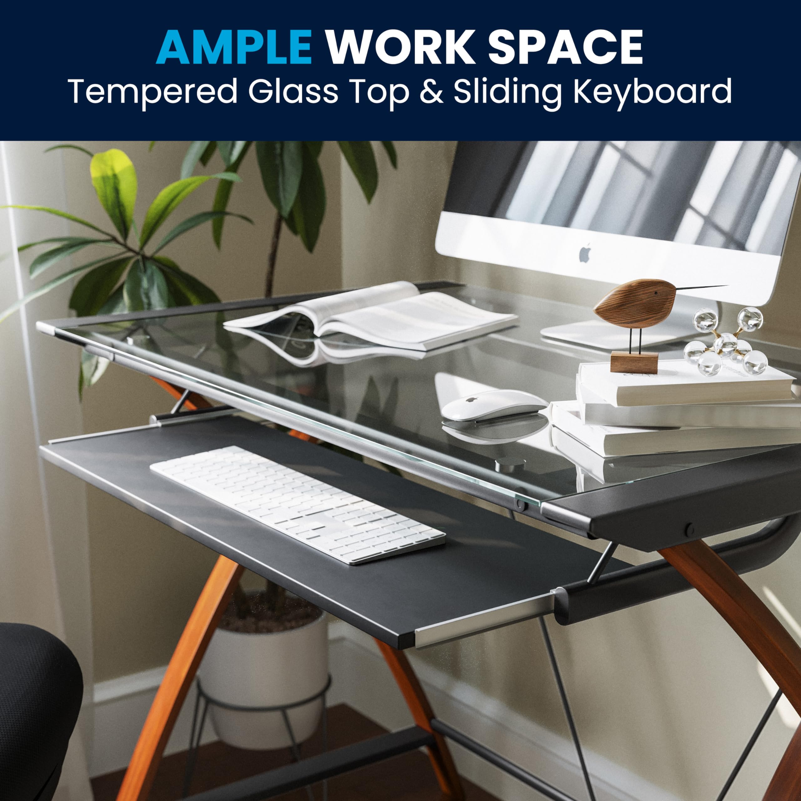 Flash Furniture Jude Tempered Glass Computer Desk with Pull-Out Keyboard Tray & Sturdy Crisscross Frame - Compact Home Office Desk in Cherry/Clear Finish - Perfect for Small Spaces, Gaming & Remote Work
