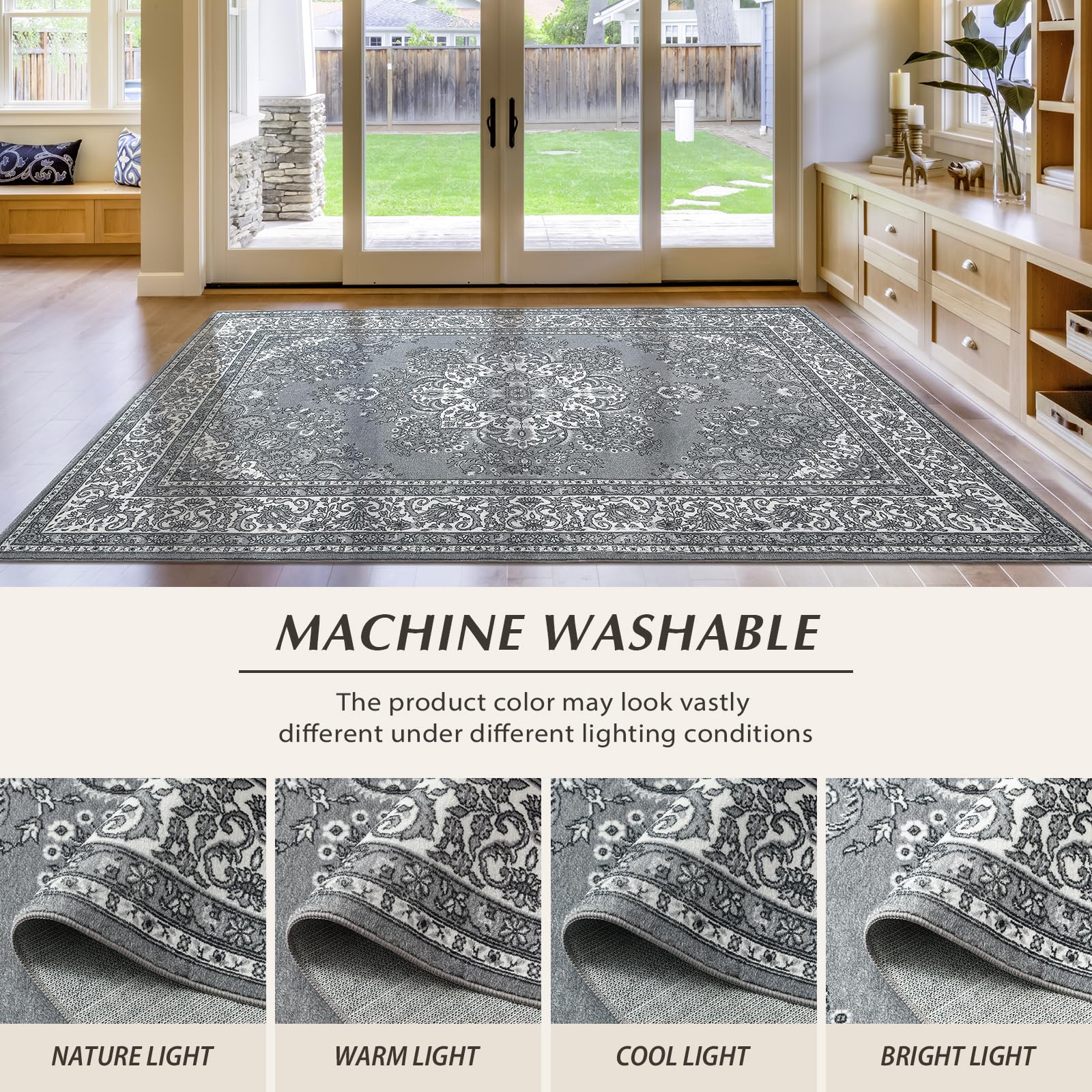 5x7 Washable Non-Slip Area Rug - Light Grey Farmhouse Style for Bedroom, Living Room, Dining Room, Kitchen, Kids Room, Nursery, Playroom & Home Office | Soft & Durable for High Traffic Areas