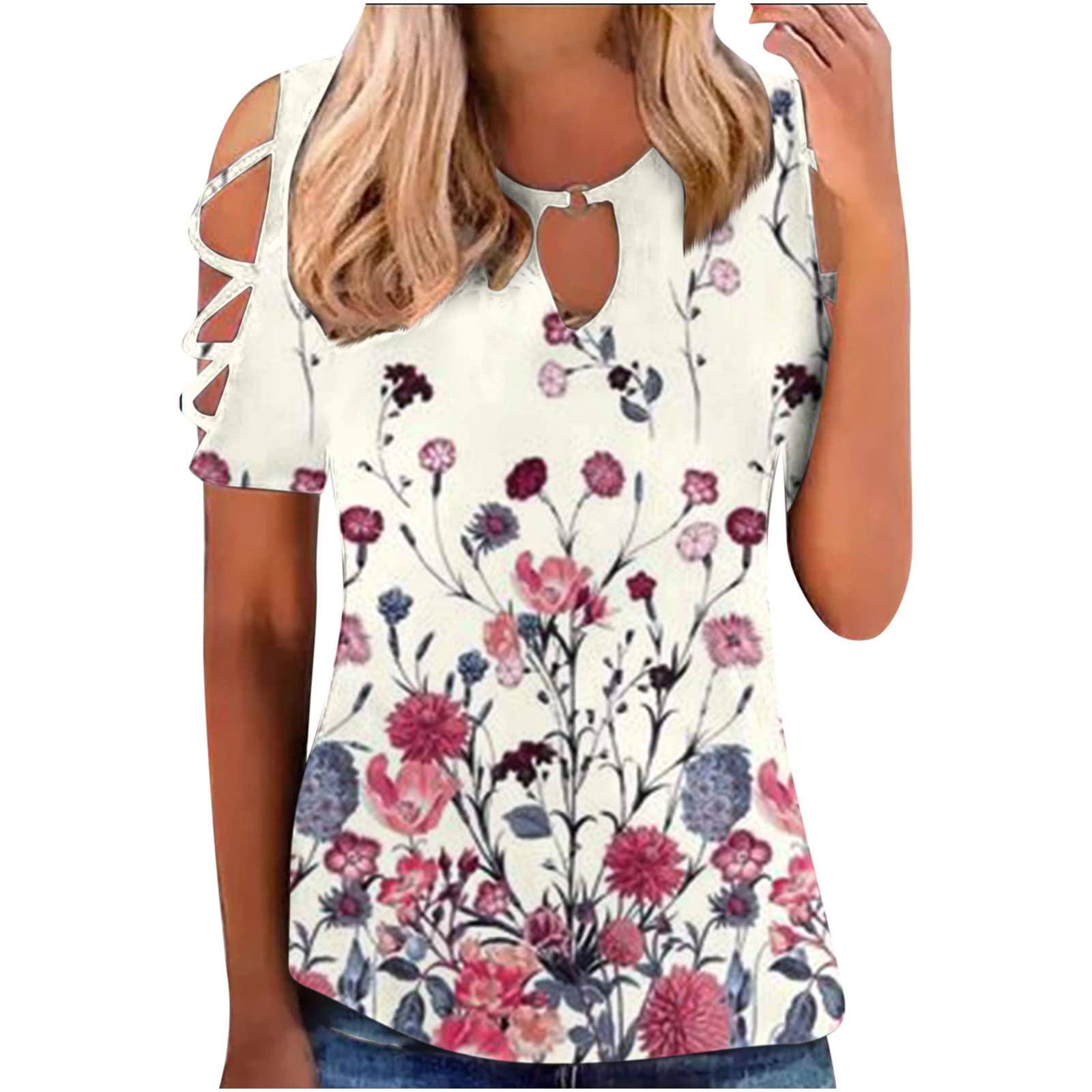 Women's Casual Short Sleeve Tunic Tops - Strappy Cold Shoulder Blouses, Slim Fit T-Shirt Style Tops for Summer, Work, Date Night & Everyday Wear