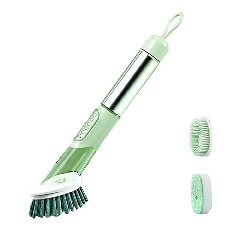 YITAQI Automatic Dish Scrubber Brush with Liquid Dispenser - Kitchen Cleaning Brush for Pots, Pans & Dishes - Ergonomic Green Scrub Brush for Easy Household Cleaning (Ideal for Sinks, Countertops & Stovetops)