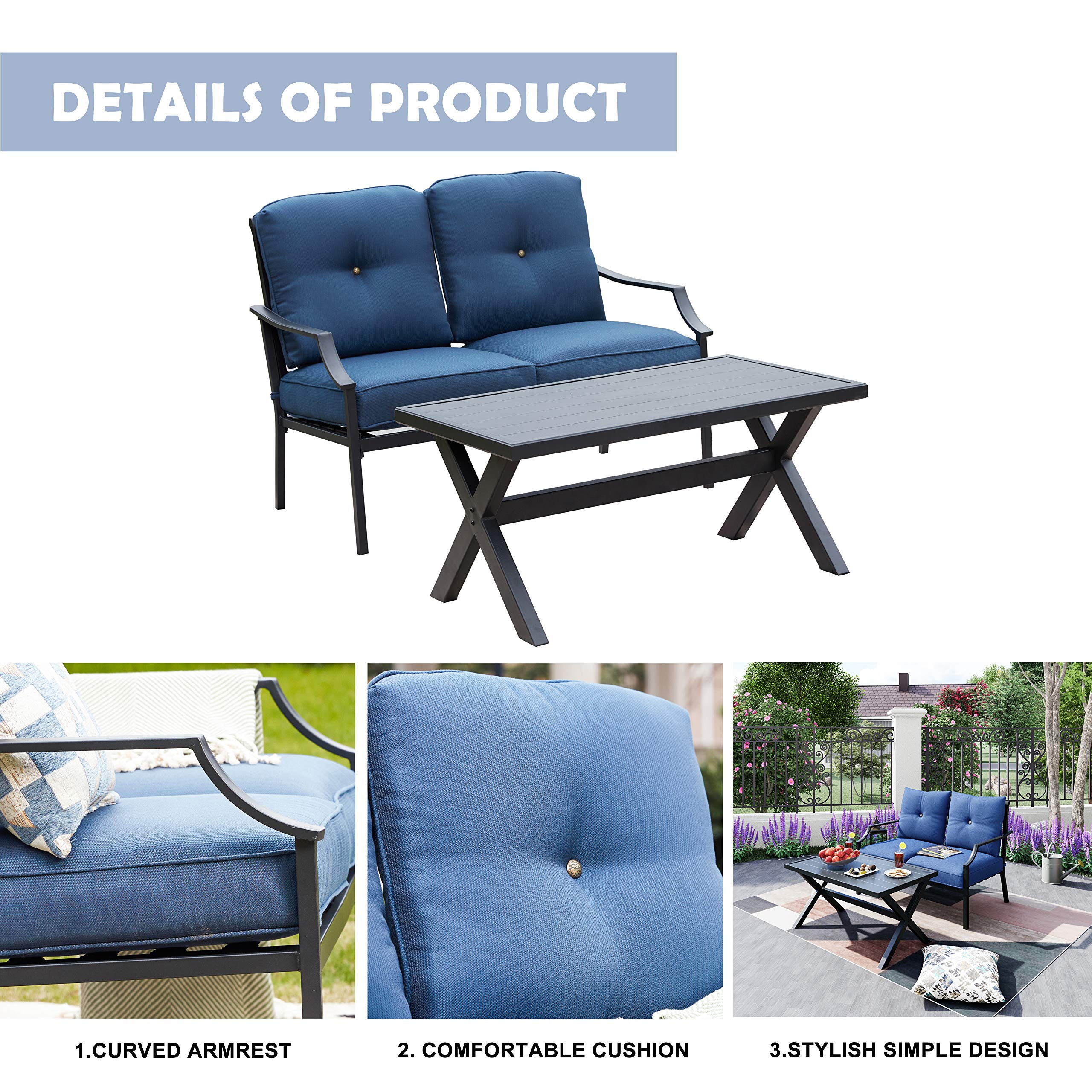 LOKATSE HOME 2-Piece Outdoor Patio Conversation Set - Metal Bench Sofa Loveseat with Cushions & Coffee Table in Blue - Perfect for Garden, Backyard, Poolside or Terrace Relaxation