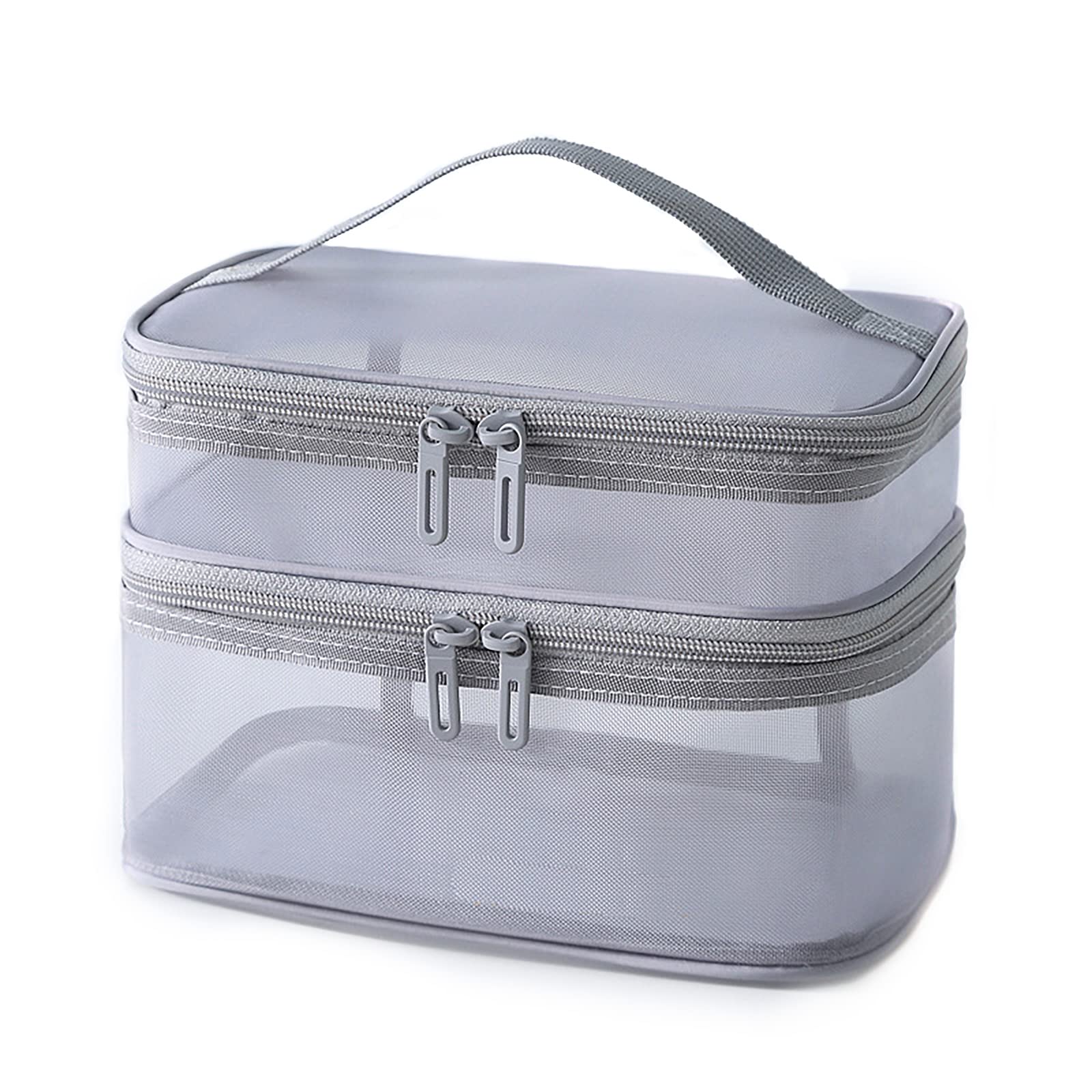 Double Layer Makeup Bag with Large Mesh & Dual Zippers - Waterproof Travel Cosmetic Organizer Pouch for Makeup Brushes, Toiletries & Accessories (Gray) | Perfect for Travel, Gym & Daily Beauty Storage