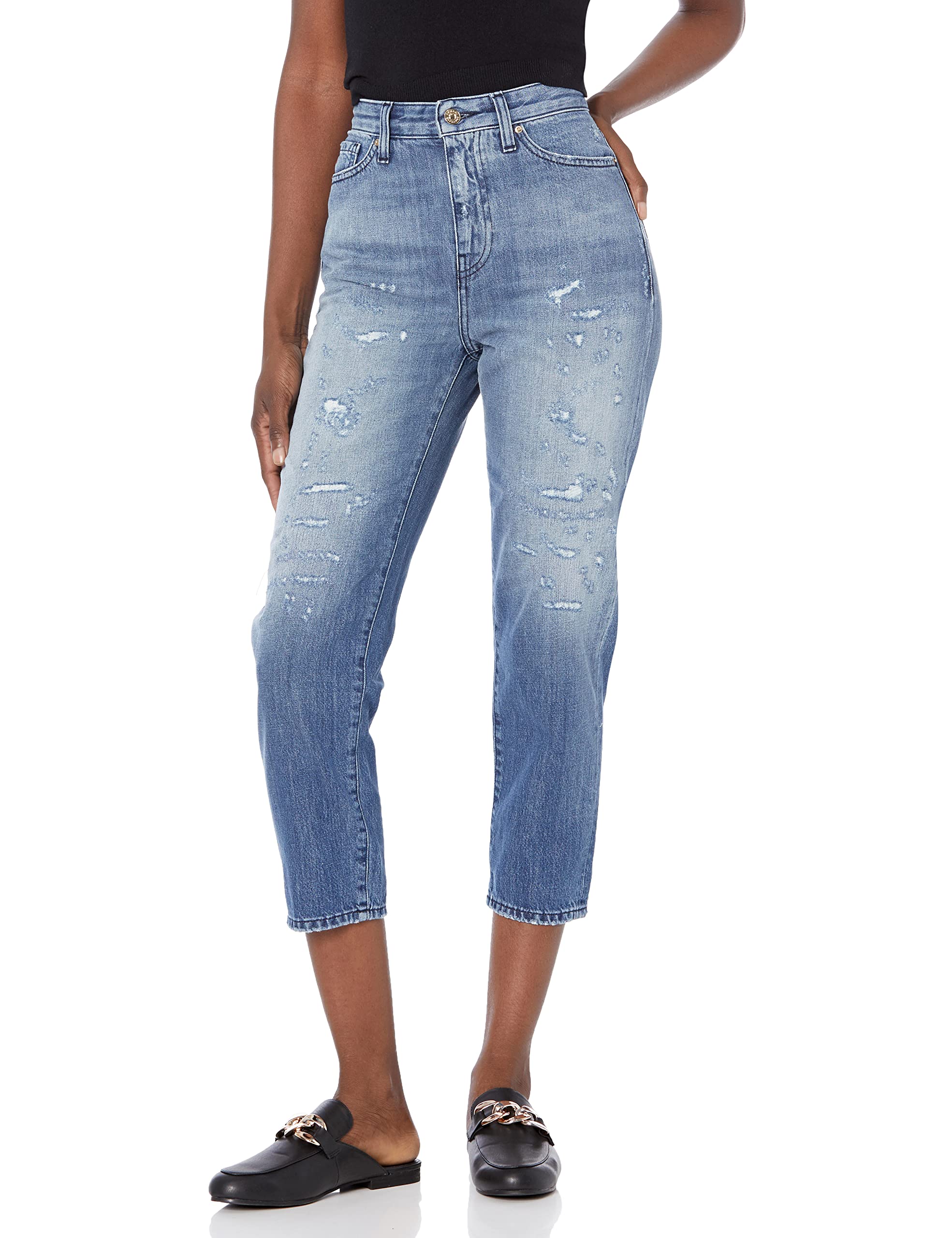 Armani Exchange Women's Distressed Boyfriend Jeans - High Waist 5 Pocket Cropped Denim Pants for Casual Wear | Trendy Street Style & Everyday Comfort