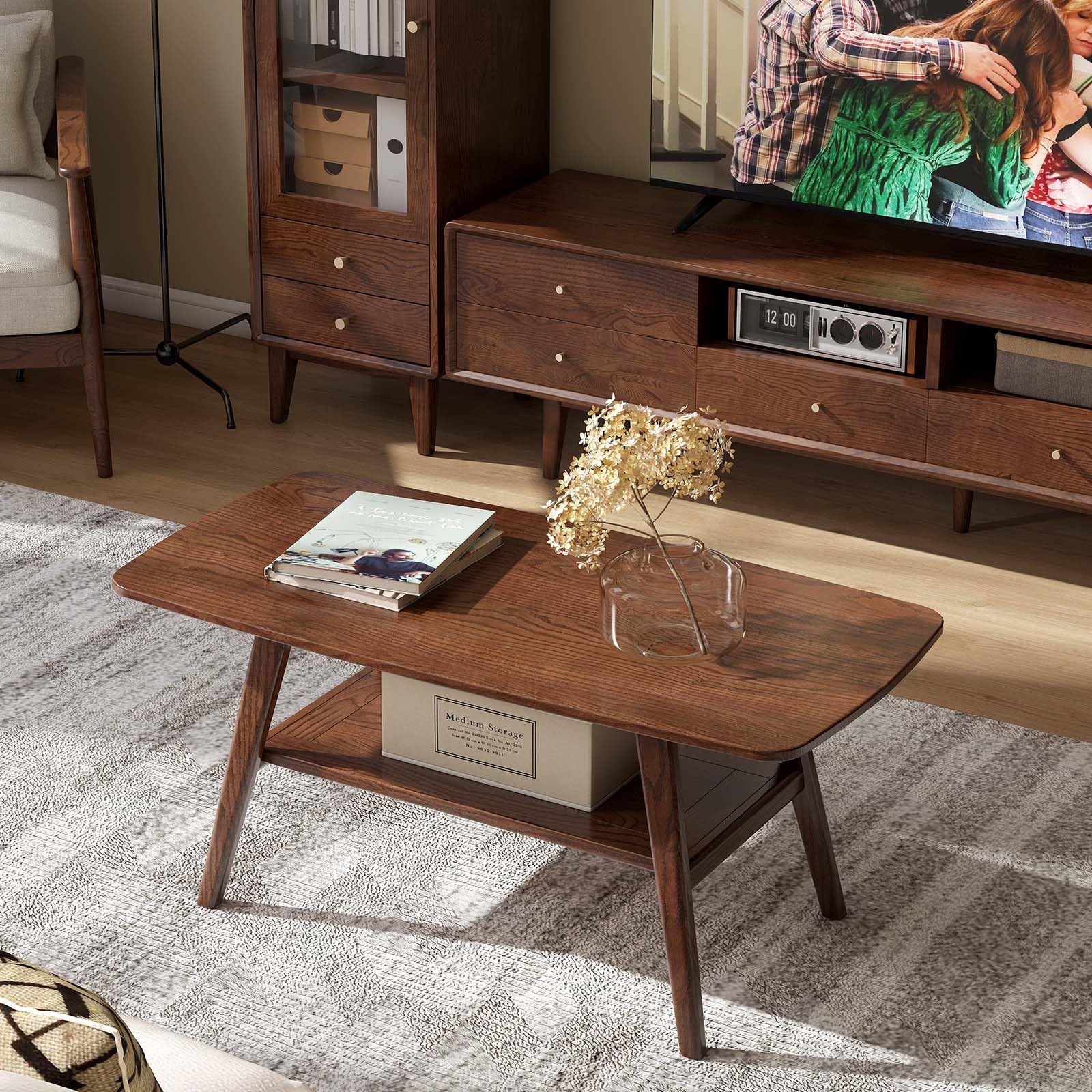 Solid Oak Wood Coffee Table for Living Room - Mid Century Modern Small Coffee Table with Shelf Storage & Rounded Corners (Walnut, 39.37