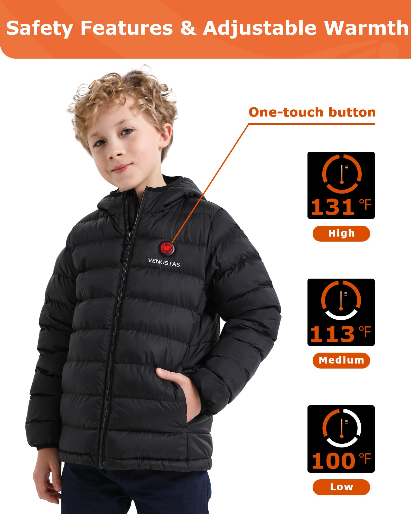 Venustas Kids Heated Jacket with Rechargeable Battery Pack - Lightweight Electric Heated Coat for Boys & Girls - Perfect for Winter Sports, Outdoor Play & Cold Weather Activities