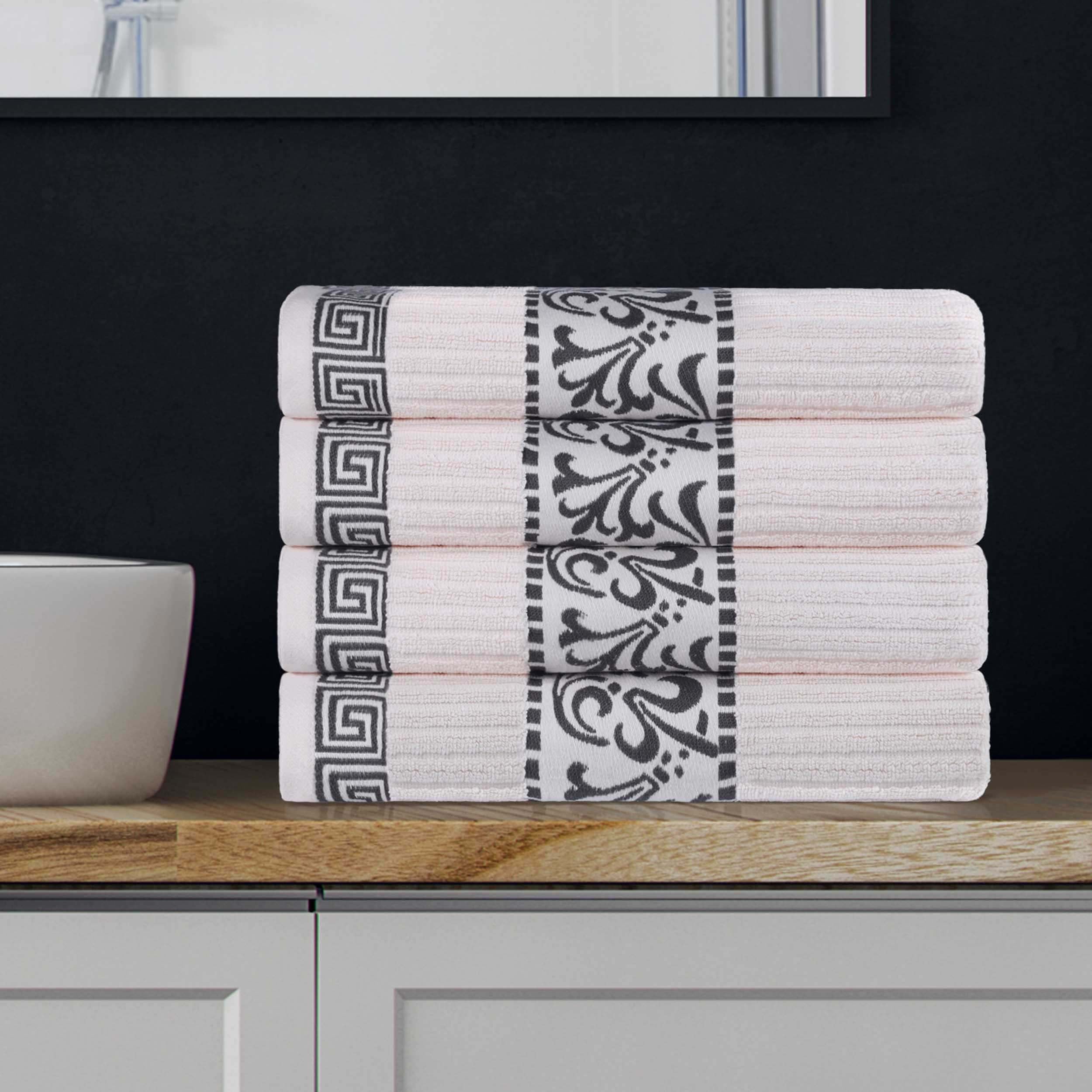 Premium Athens Cotton Greek Scroll & Floral 4-Piece Bath Towel Set - Soft & Absorbent for Spa, Bathroom & Guest Room Decor