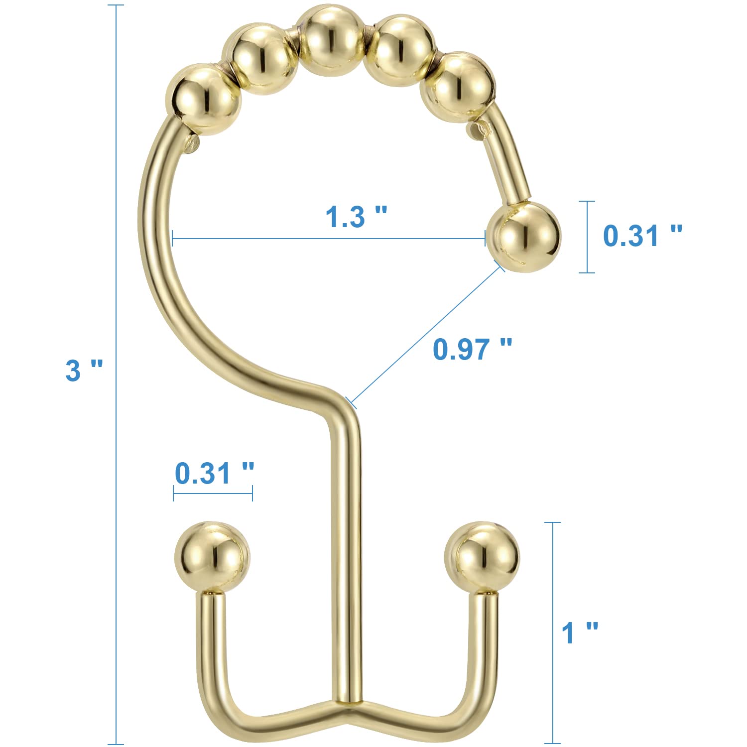 TENOVEL 12-Pack Gold Stainless Steel Shower Curtain Hooks - Double Sided Rust-Proof Bathroom Hangers for Shower Rods & Curtains - Durable Decorative Hooks for Bathroom, RV & Dorm Use