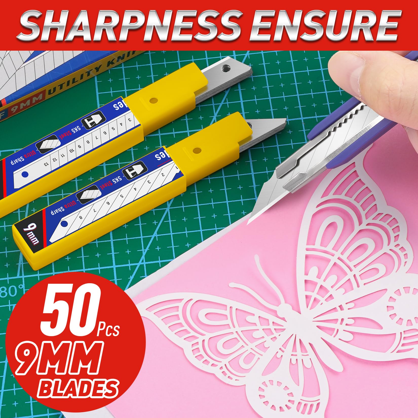 DIYSELF 50-Pack 9mm Utility Knife Blades - High Carbon Steel Snap-Off Box Cutter Blades Refills (30 Degree Angle) for Packaging, Crafting & Office Use