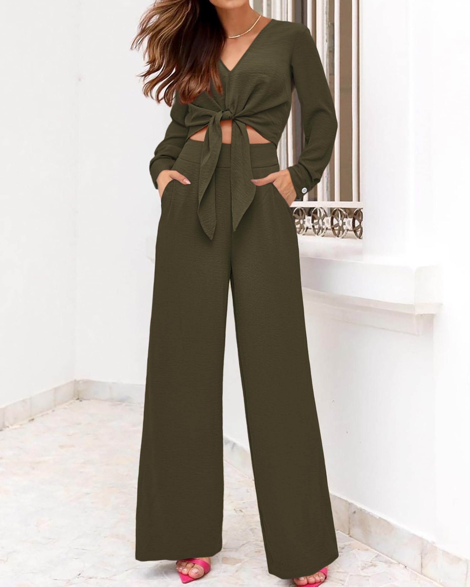 PRETTYGARDEN Women's 2 Piece Outfit Set - 2025 Spring Casual V Neck Long Sleeve Strappy Crop Top & Wide Leg Palazzo Pants | Perfect for Brunch, Shopping & Vacation Outfits