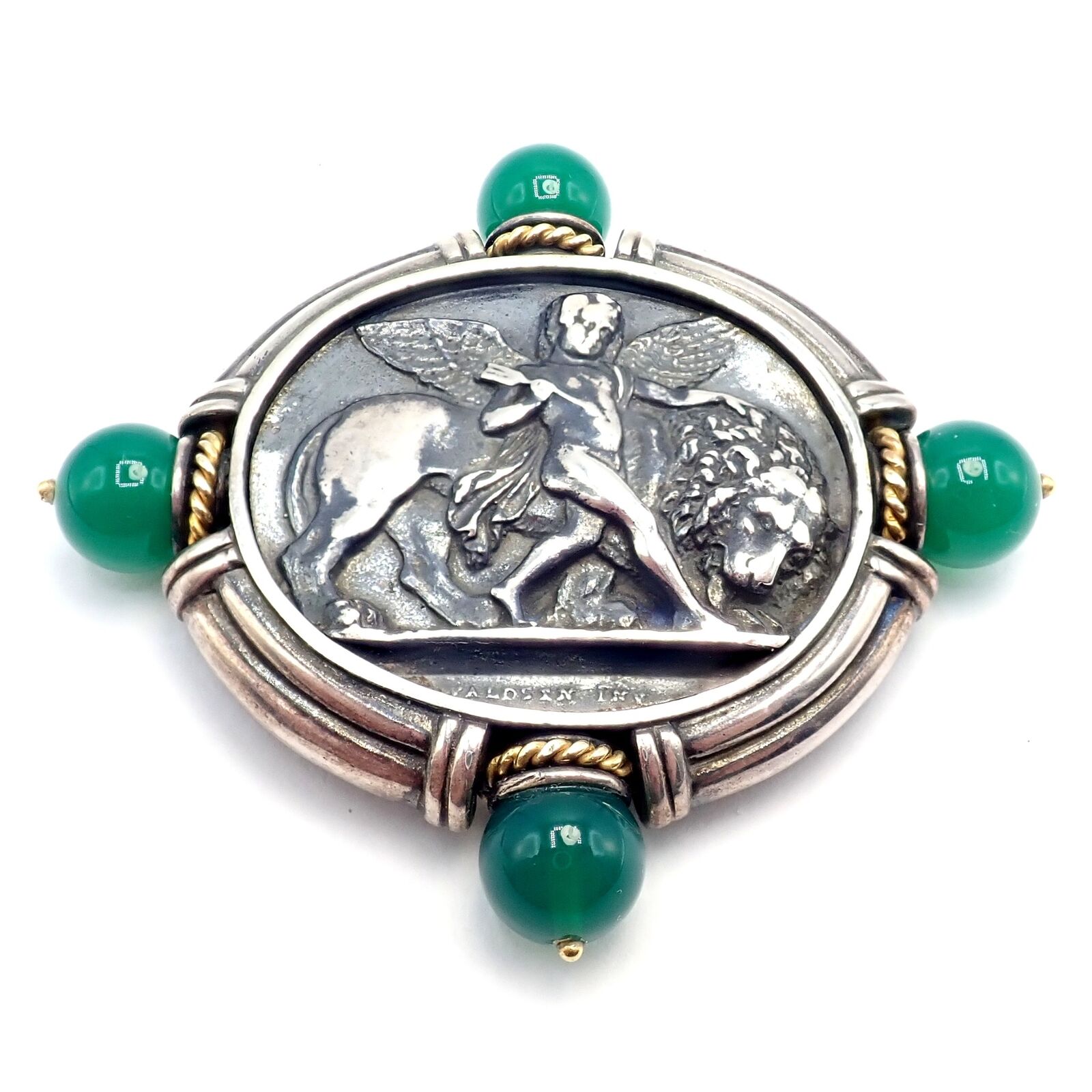 Authentic 18k Yellow Gold & Silver Large Medallion Chrysoprase Brooch - SeidenGang Vintage Jewelry for Women, Perfect for Weddings, Parties & Special Occasions