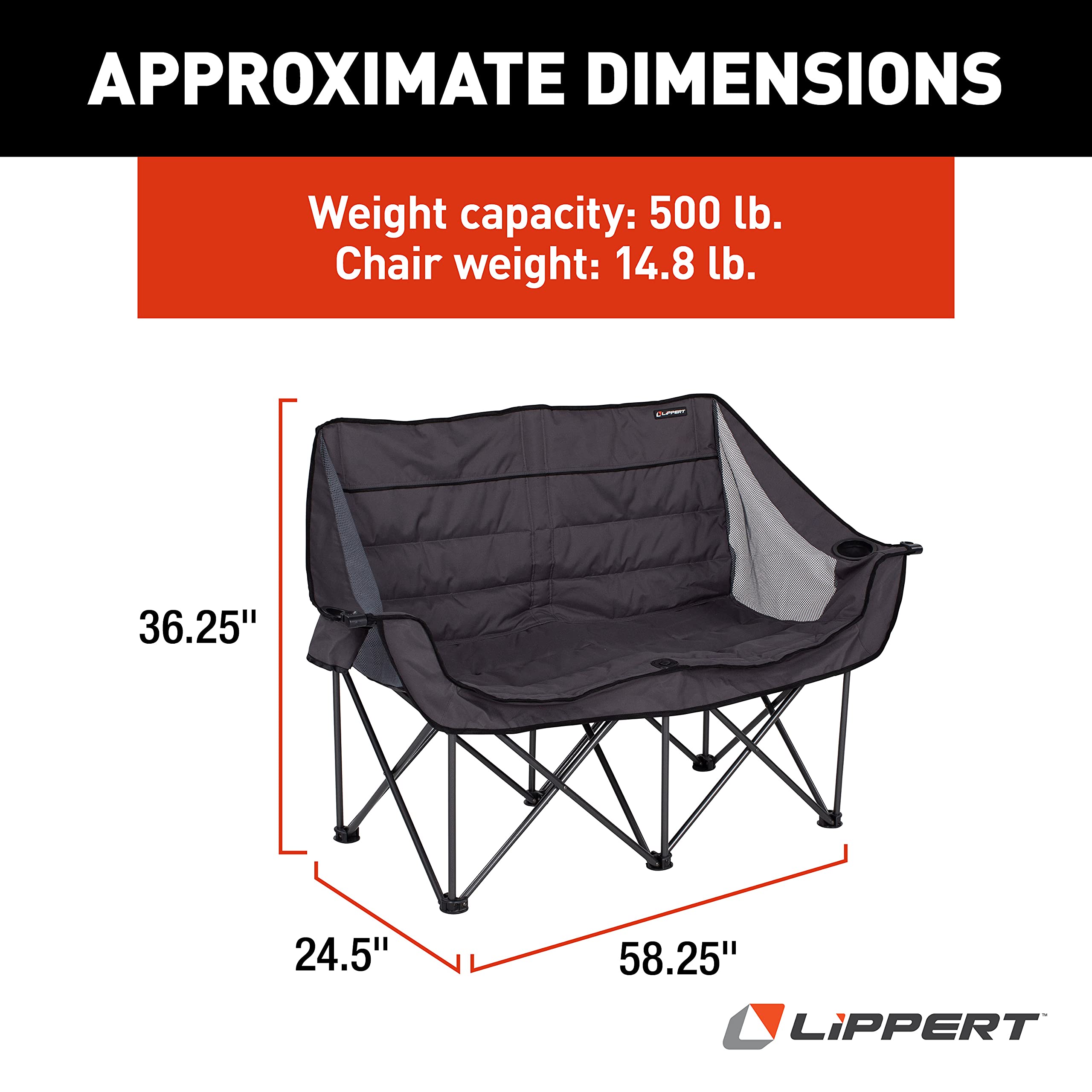 Lippert Folding Padded Loveseat for Camping - Portable Outdoor Recliner with Carry Bag, Dark Grey - Perfect for RV, Patio, Backyard & Picnic Use